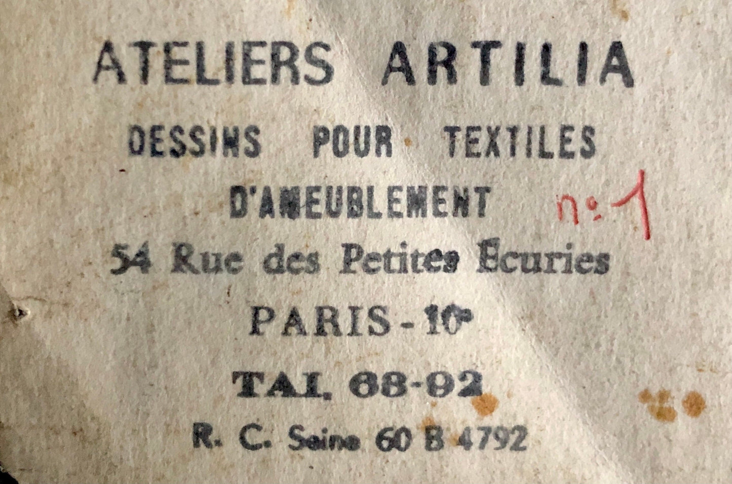 An Original Textile Design for Upholstery. Very Large. Hand painted. From The Atelier Artilia, Paris. 1960’s. Size: 92 x 73 cms