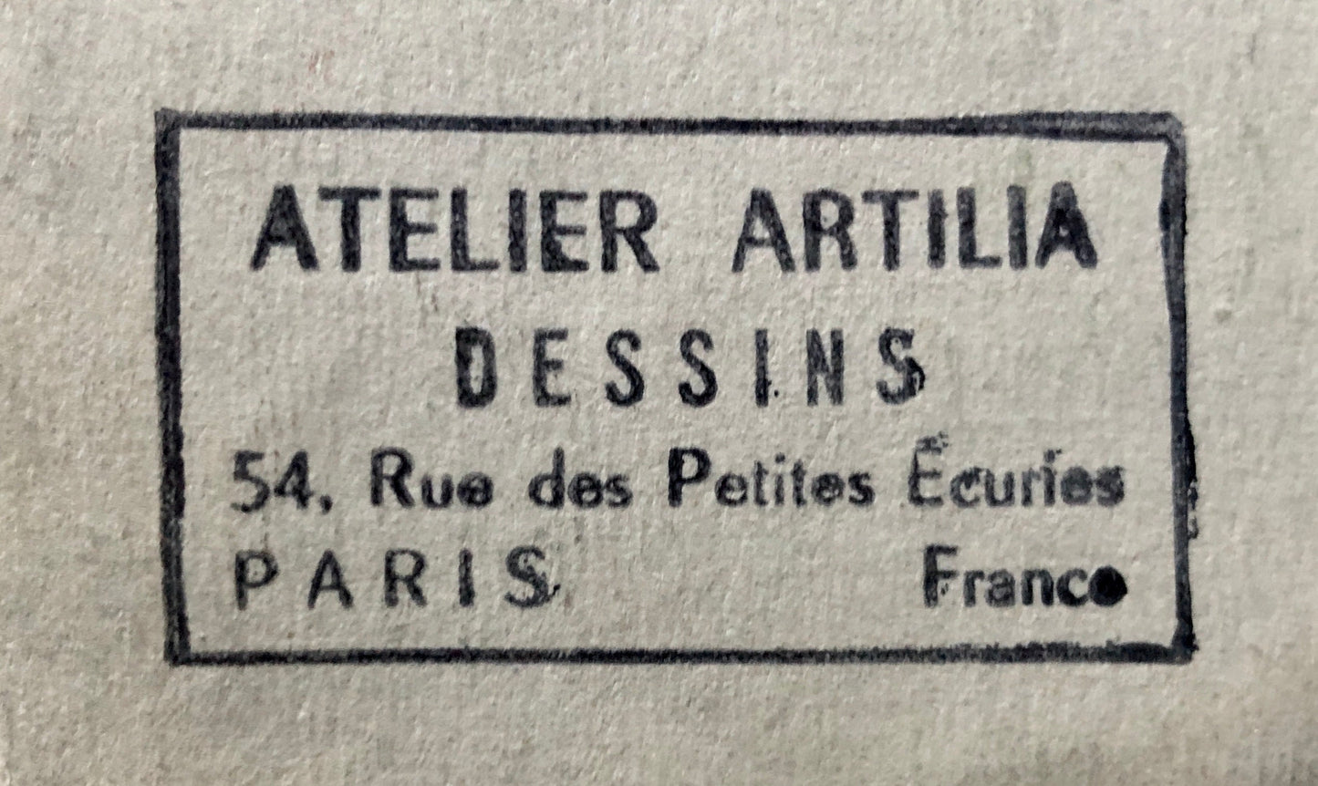 An Original Textile Design for Upholstery. Very Large. Hand painted. From The Atelier Artilia, Paris. 1960’s. Size: 87.5 x 71 cms