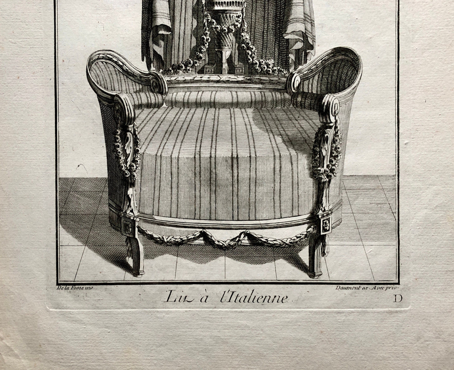 Lit a l’Italienne. A Copper plate Etching from Ameublement by Jean de la Fosse. Circa 1771. Size: 46 x 31 cms.