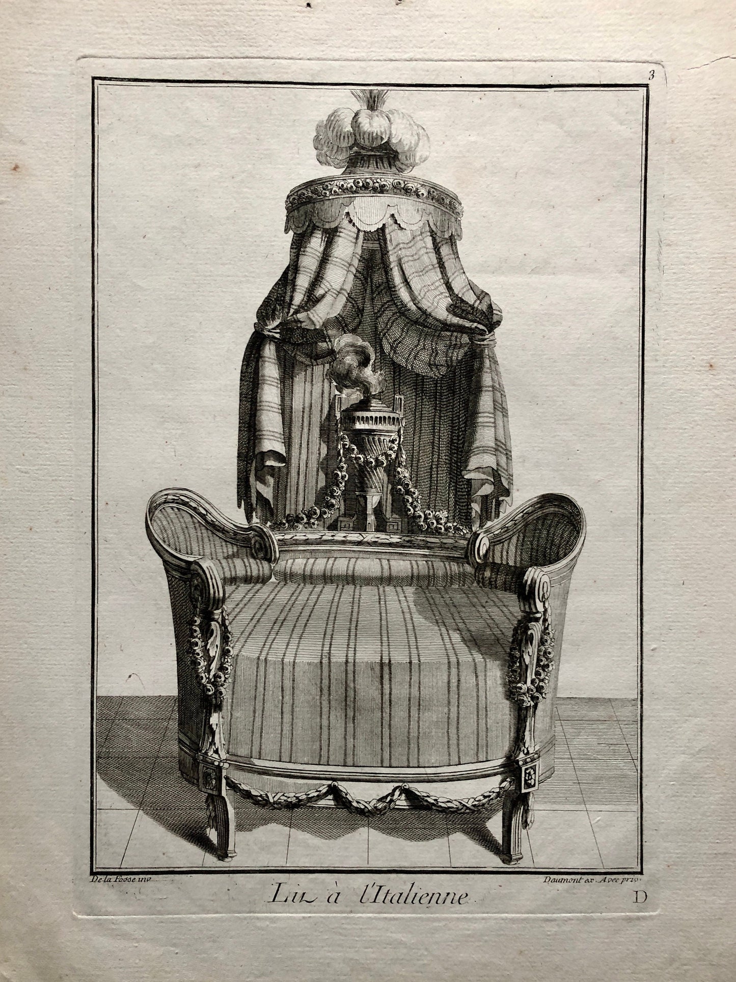 Lit a l’Italienne. A Copper plate Etching from Ameublement by Jean de la Fosse. Circa 1771. Size: 46 x 31 cms.