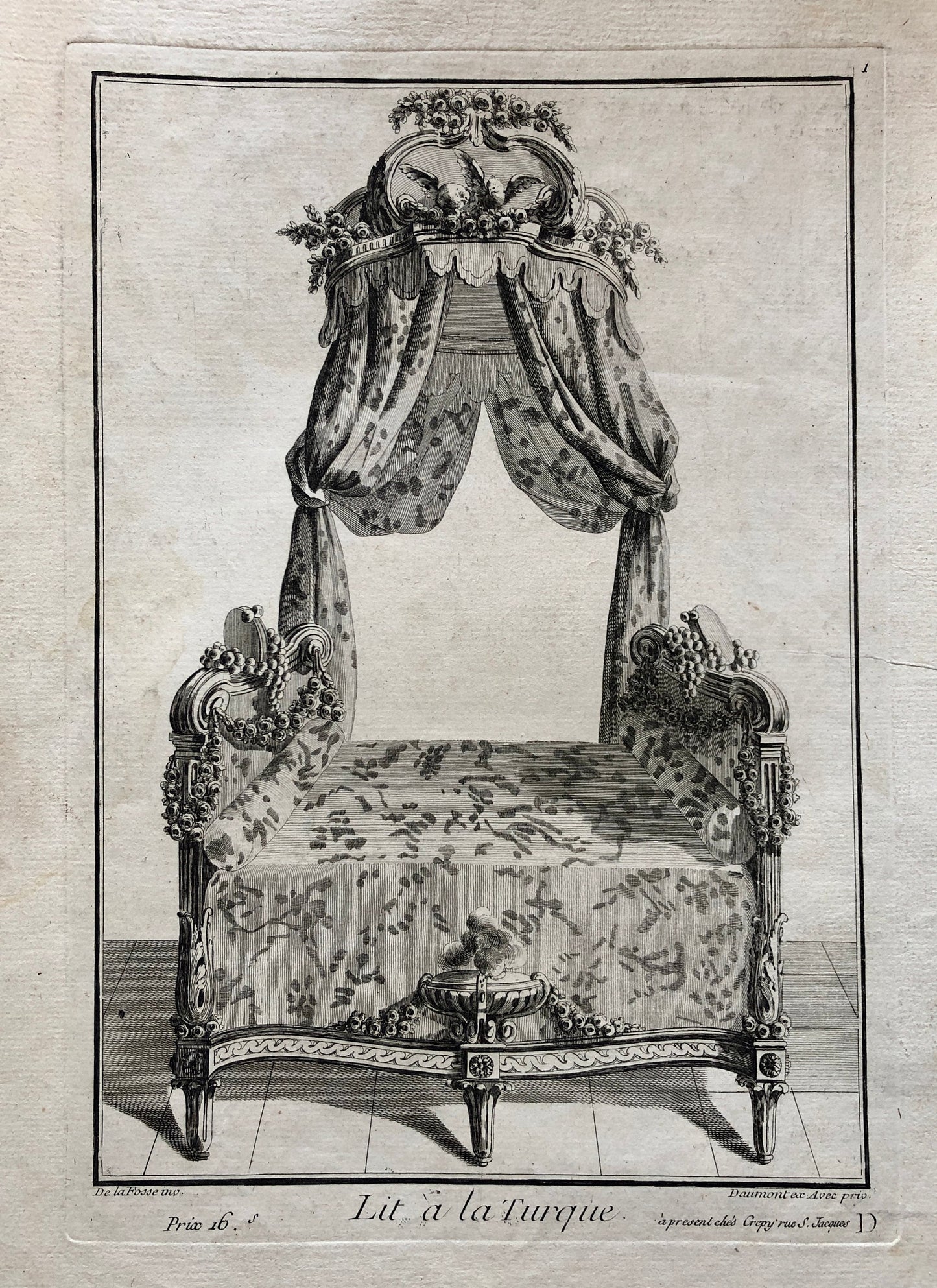 Lit à la Turque. A Copper plate Etching From Ameublement by Jean de la Fosse. Circa 1771. Size: 46 x 30.7 cms.