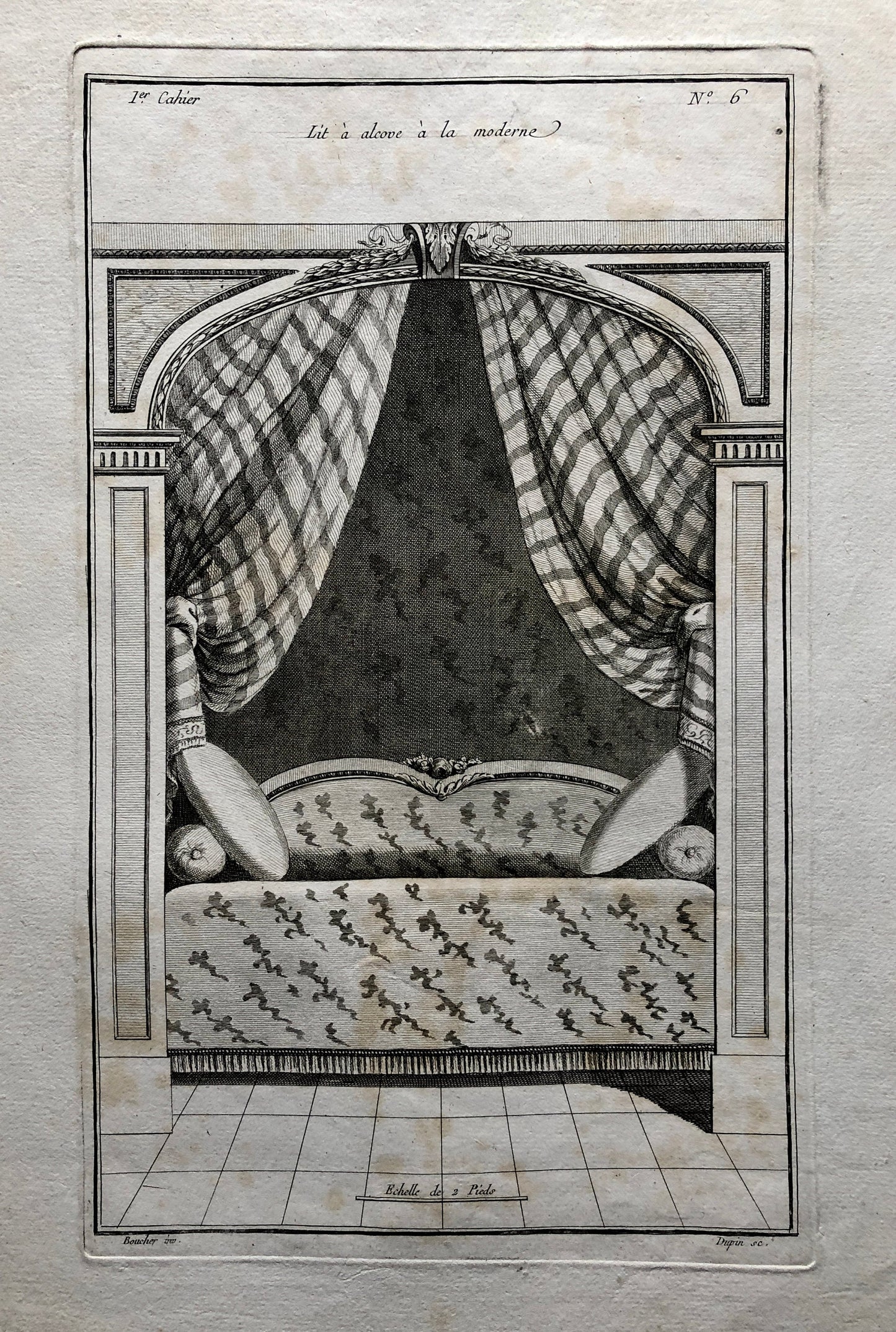 Lit à alcove à la moderne. A Copper Etching From Livre de Meubles by Juste-Francois Boucher. Circa 1780. Size: 46 x 30.6 cms.