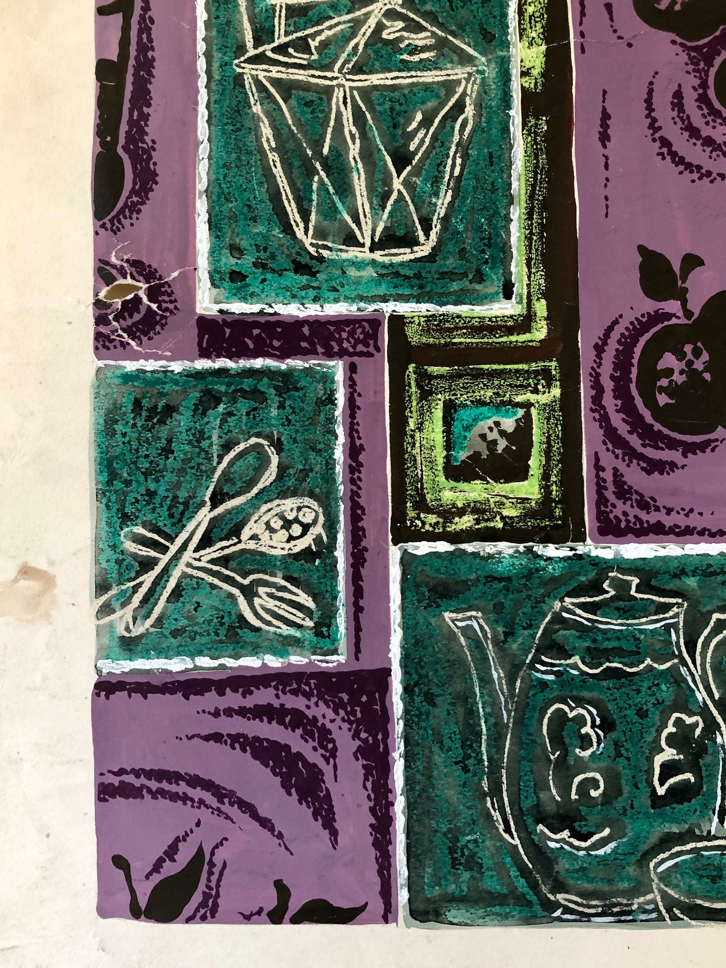 An Original Textile Design for Upholstery. Very Large. Hand painted. From The Atelier Artilia, Paris. 1960’s. Size: 85 x 69.5 cms
