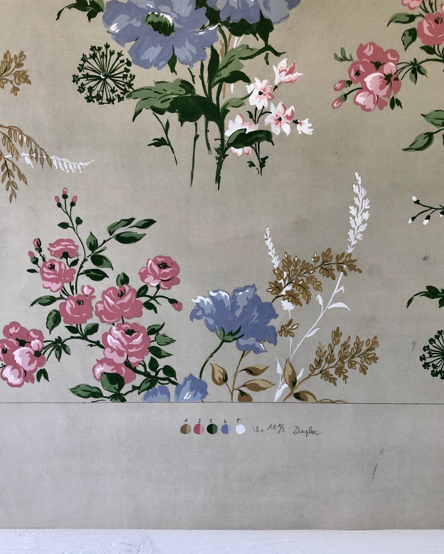 An Original Textile Design for Upholstery. Very Large. Hand painted. From The Atelier Artilia, Paris. 1960’s. Size: 85 x 70 cms