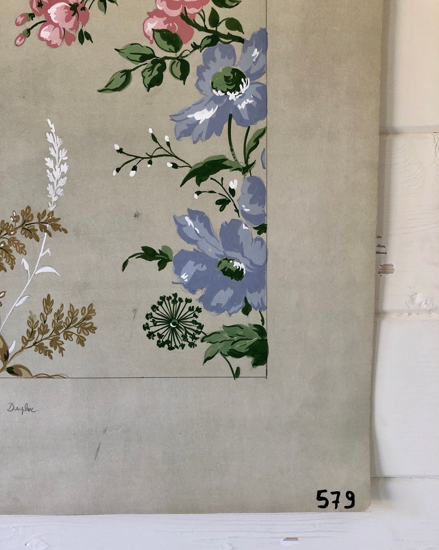 An Original Textile Design for Upholstery. Very Large. Hand painted. From The Atelier Artilia, Paris. 1960’s. Size: 85 x 70 cms