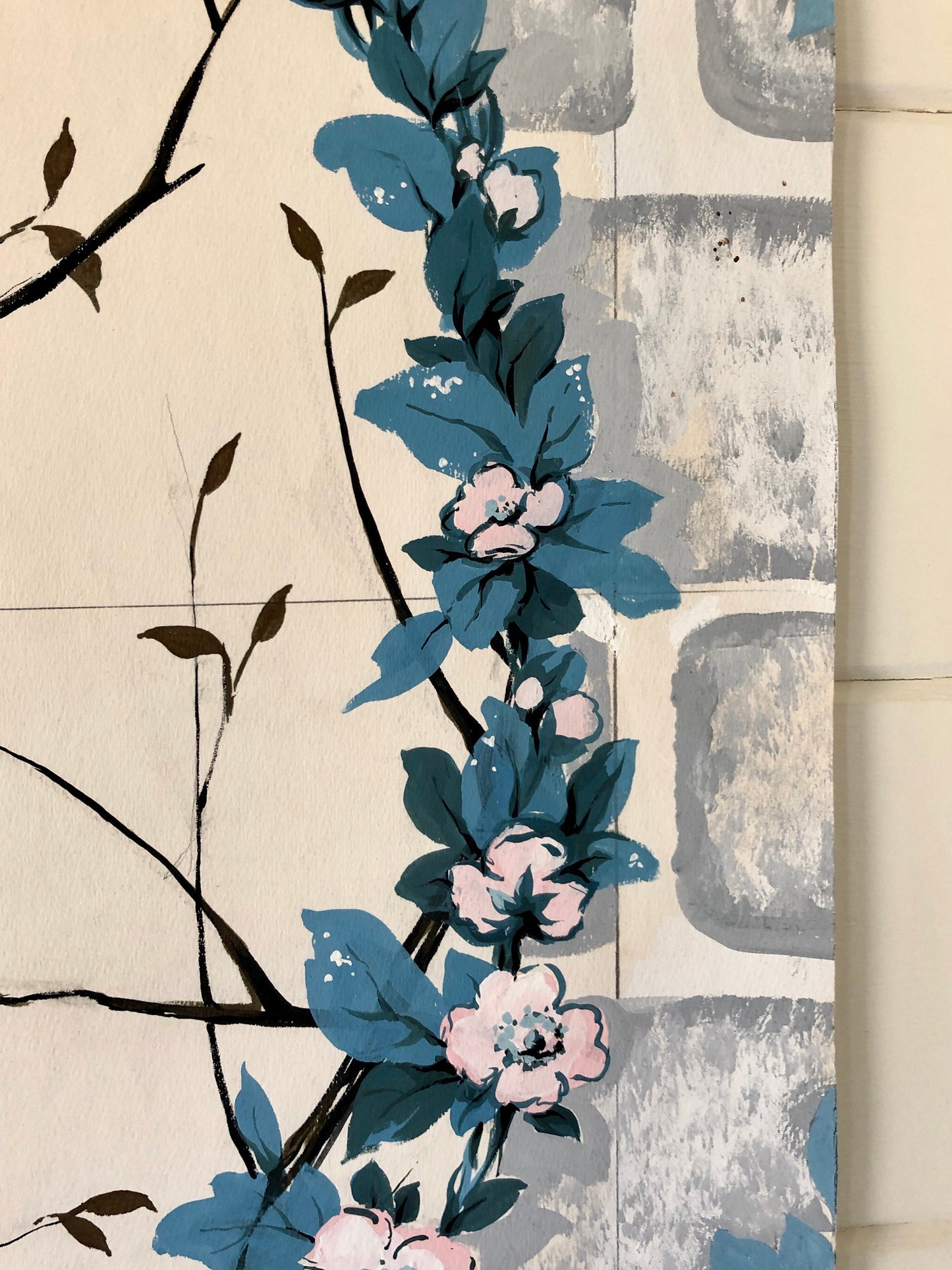 An Original Textile Design for Upholstery. Very Large. Hand painted. From The Atelier Artilia, Paris. 1960’s. Size: 87.5 x 71 cms