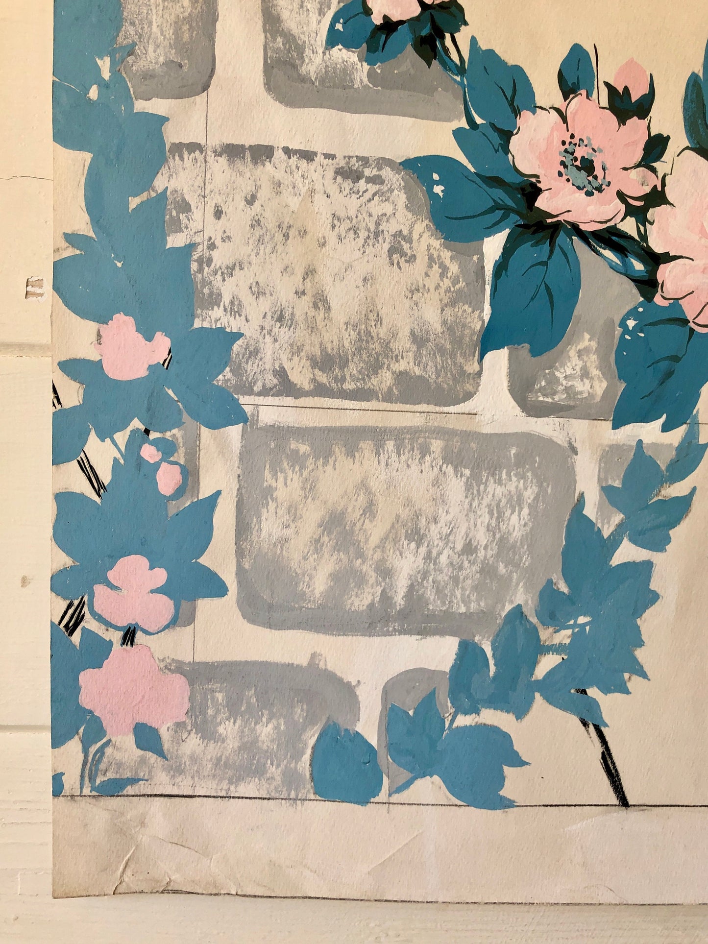 An Original Textile Design for Upholstery. Very Large. Hand painted. From The Atelier Artilia, Paris. 1960’s. Size: 87.5 x 71 cms