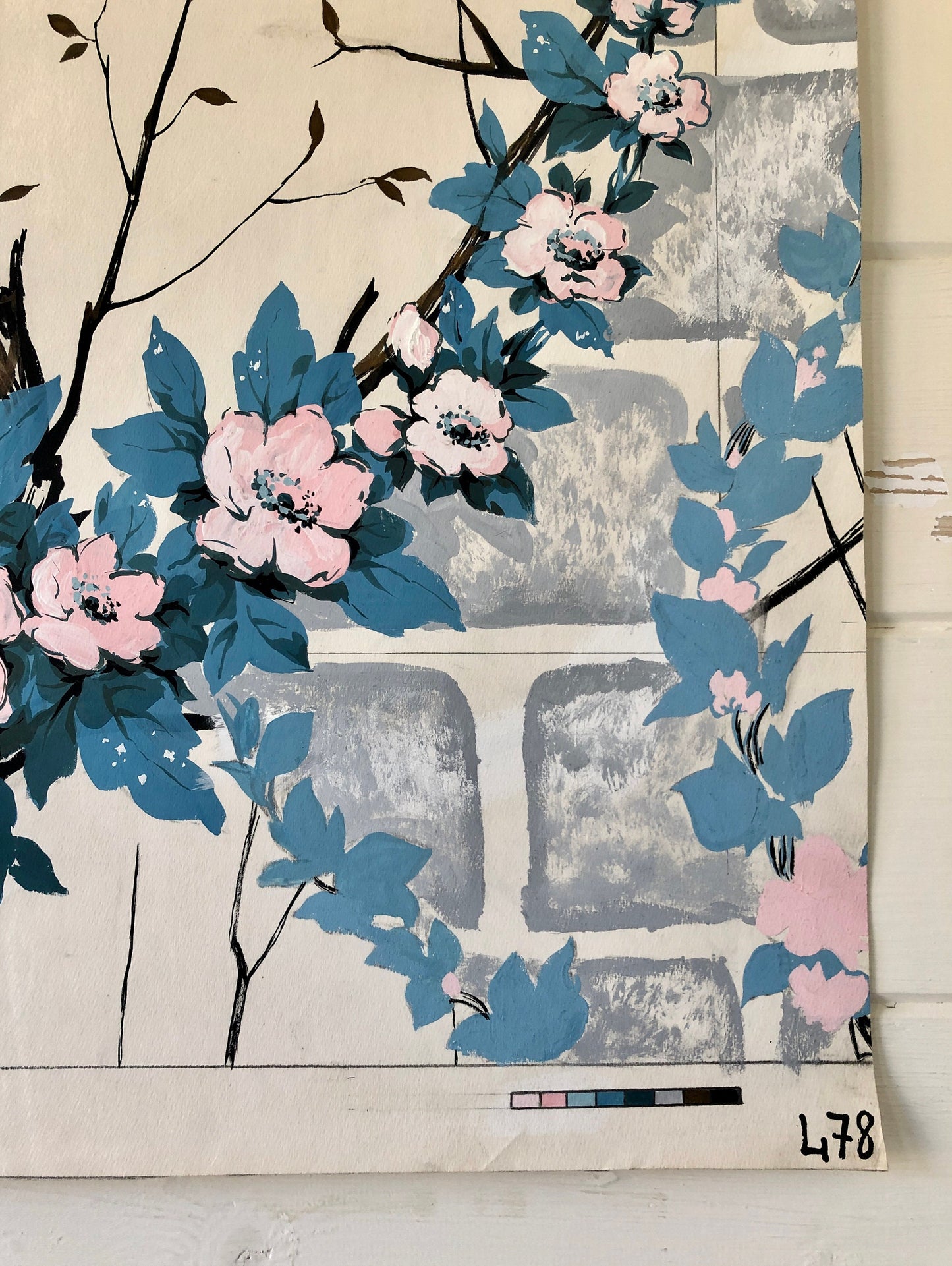 An Original Textile Design for Upholstery. Very Large. Hand painted. From The Atelier Artilia, Paris. 1960’s. Size: 87.5 x 71 cms