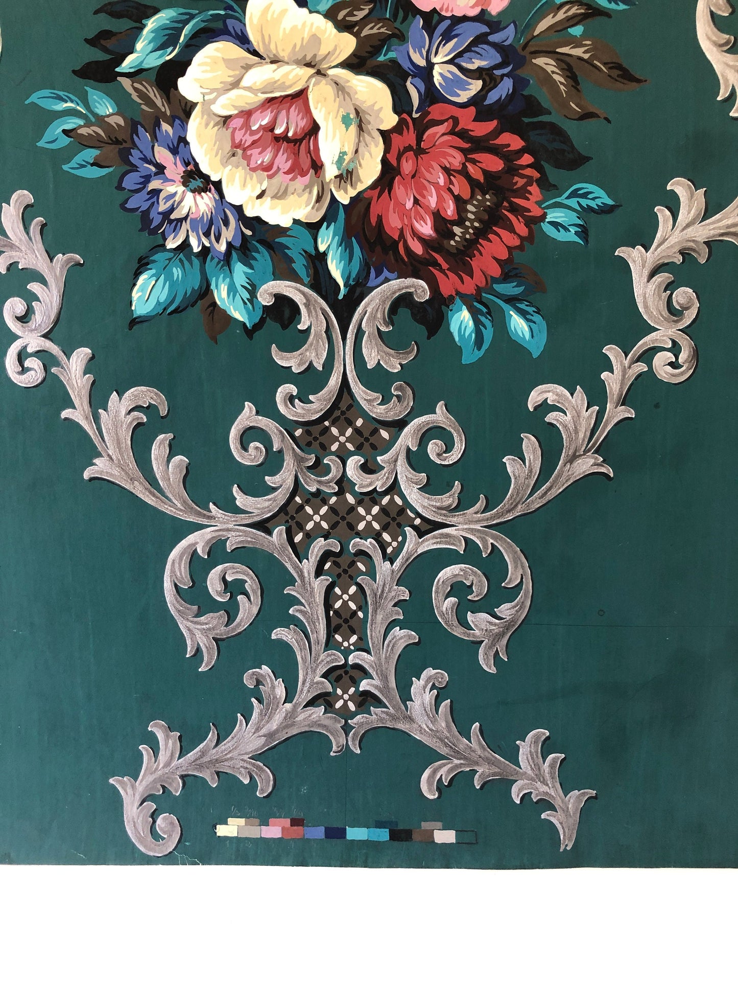 An Original Textile Design for Upholstery. Very Large. Hand painted. From The Atelier Artilia, Paris. 1960’s. Size: 92 x 73 cms