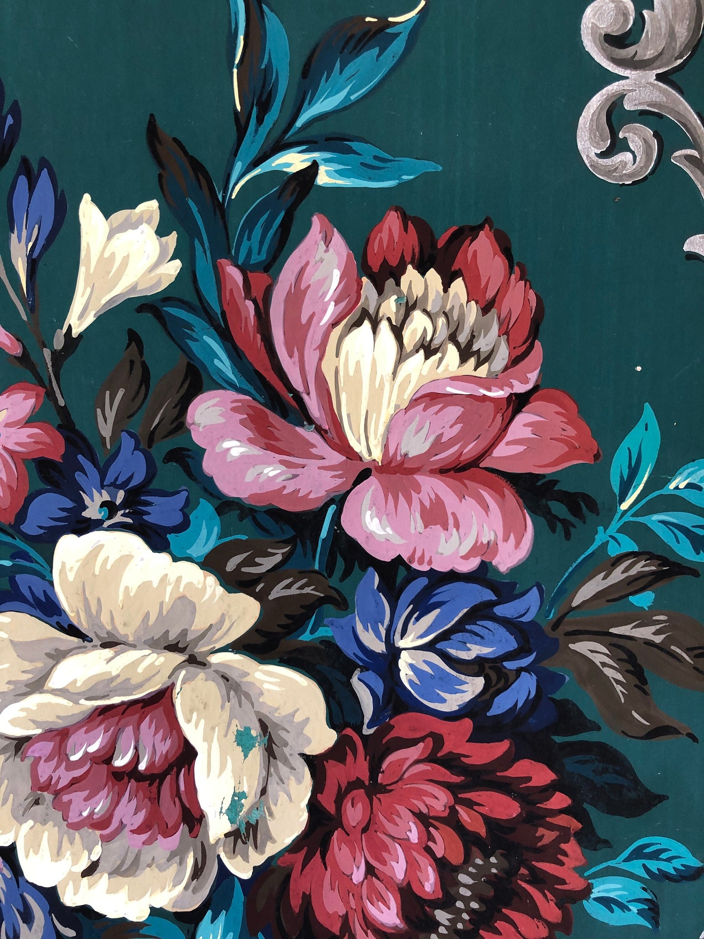 An Original Textile Design for Upholstery. Very Large. Hand painted. From The Atelier Artilia, Paris. 1960’s. Size: 92 x 73 cms