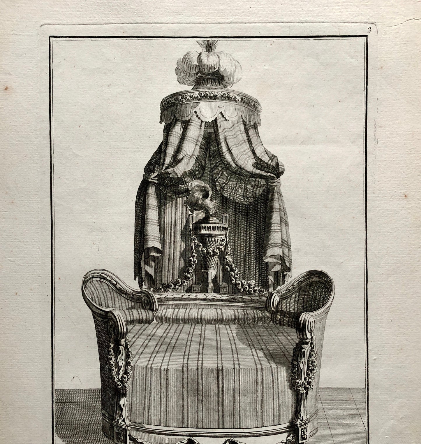 Lit a l’Italienne. A Copper plate Etching from Ameublement by Jean de la Fosse. Circa 1771. Size: 46 x 31 cms.