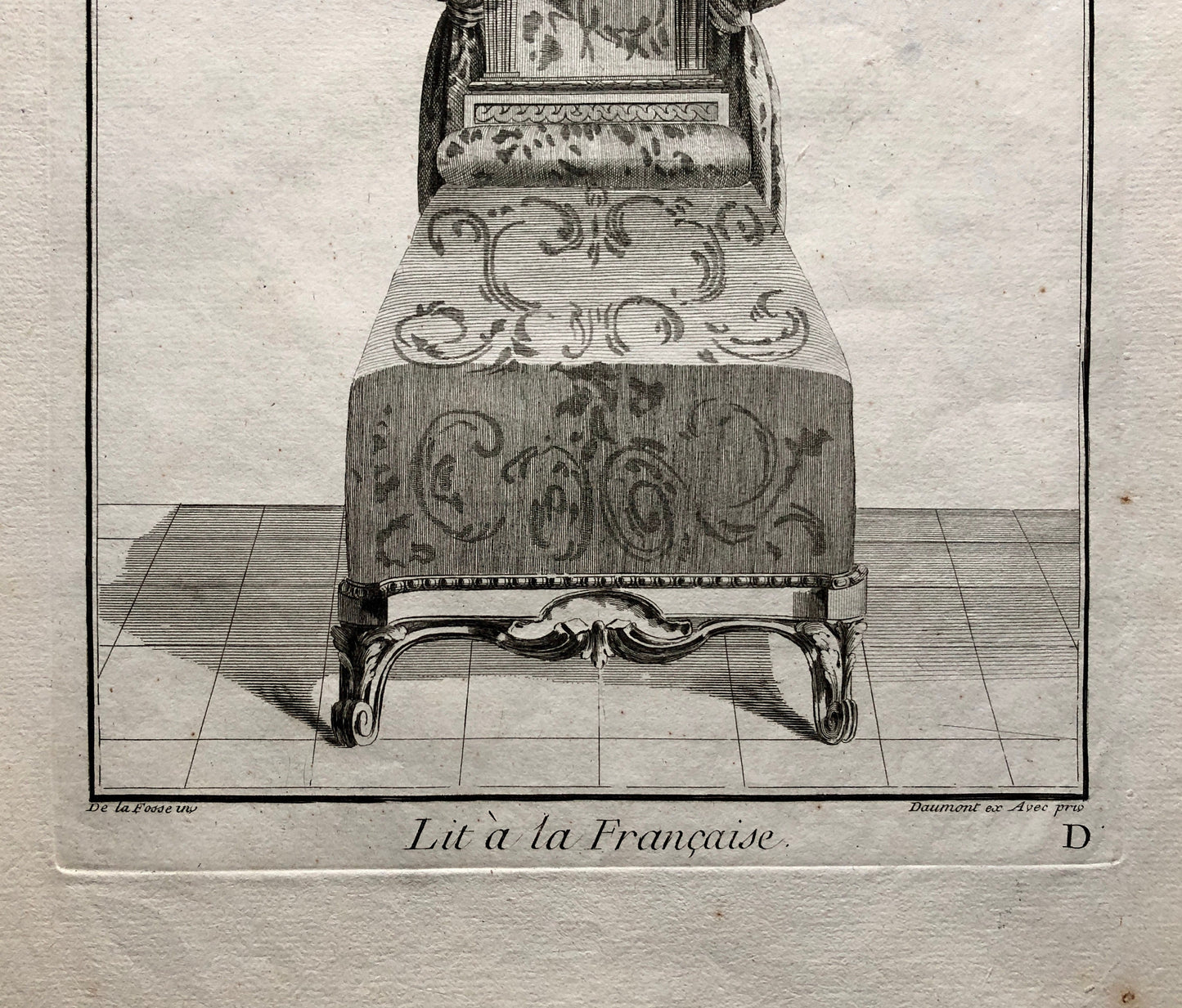 Lit à la Francaise. A Copper plate Etching From Ameublement by Jean de la Fosse. Circa 1771. Size: 46 x 31 cms.