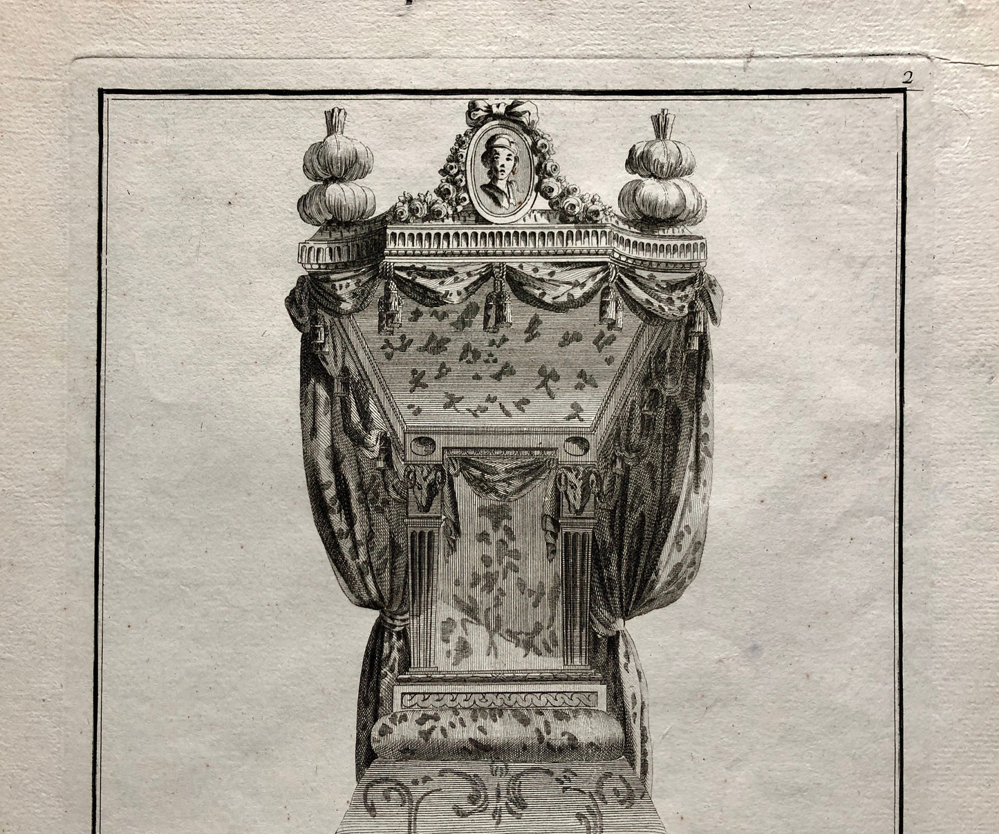 Lit à la Francaise. A Copper plate Etching From Ameublement by Jean de la Fosse. Circa 1771. Size: 46 x 31 cms.