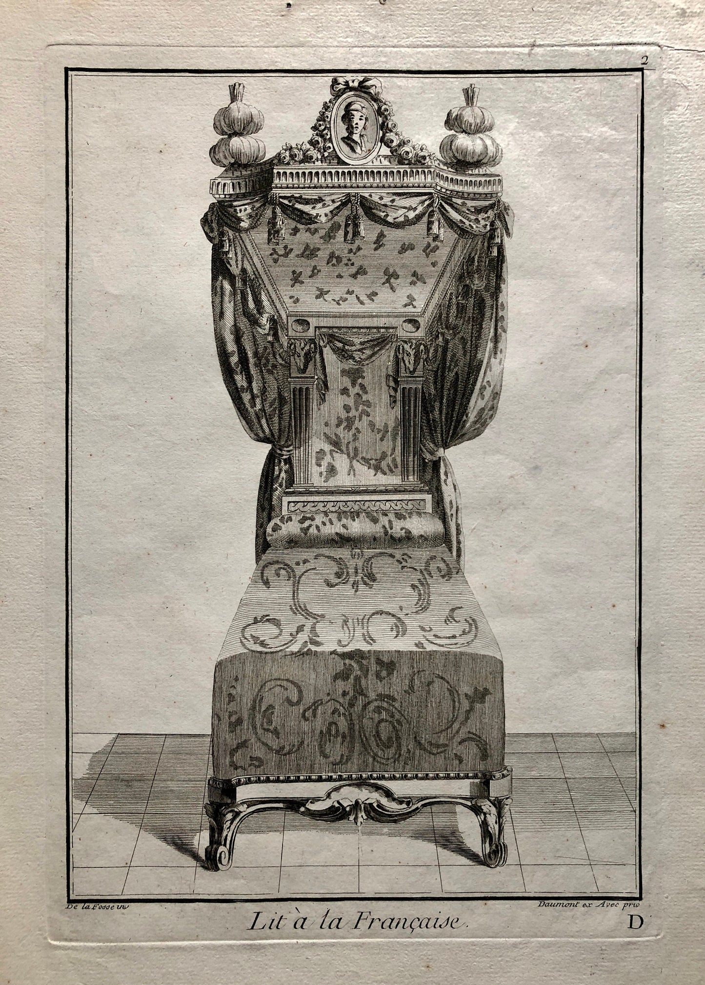 Lit à la Francaise. A Copper plate Etching From Ameublement by Jean de la Fosse. Circa 1771. Size: 46 x 31 cms.