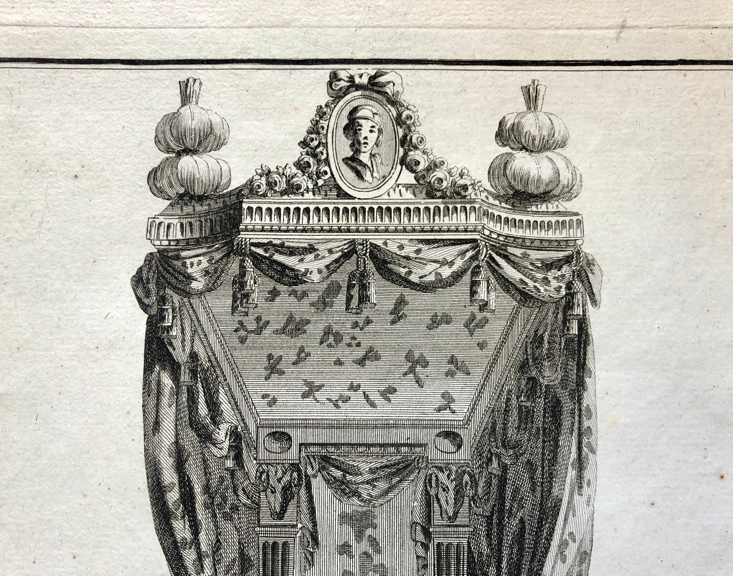 Lit à la Francaise. A Copper plate Etching From Ameublement by Jean de la Fosse. Circa 1771. Size: 46 x 31 cms.