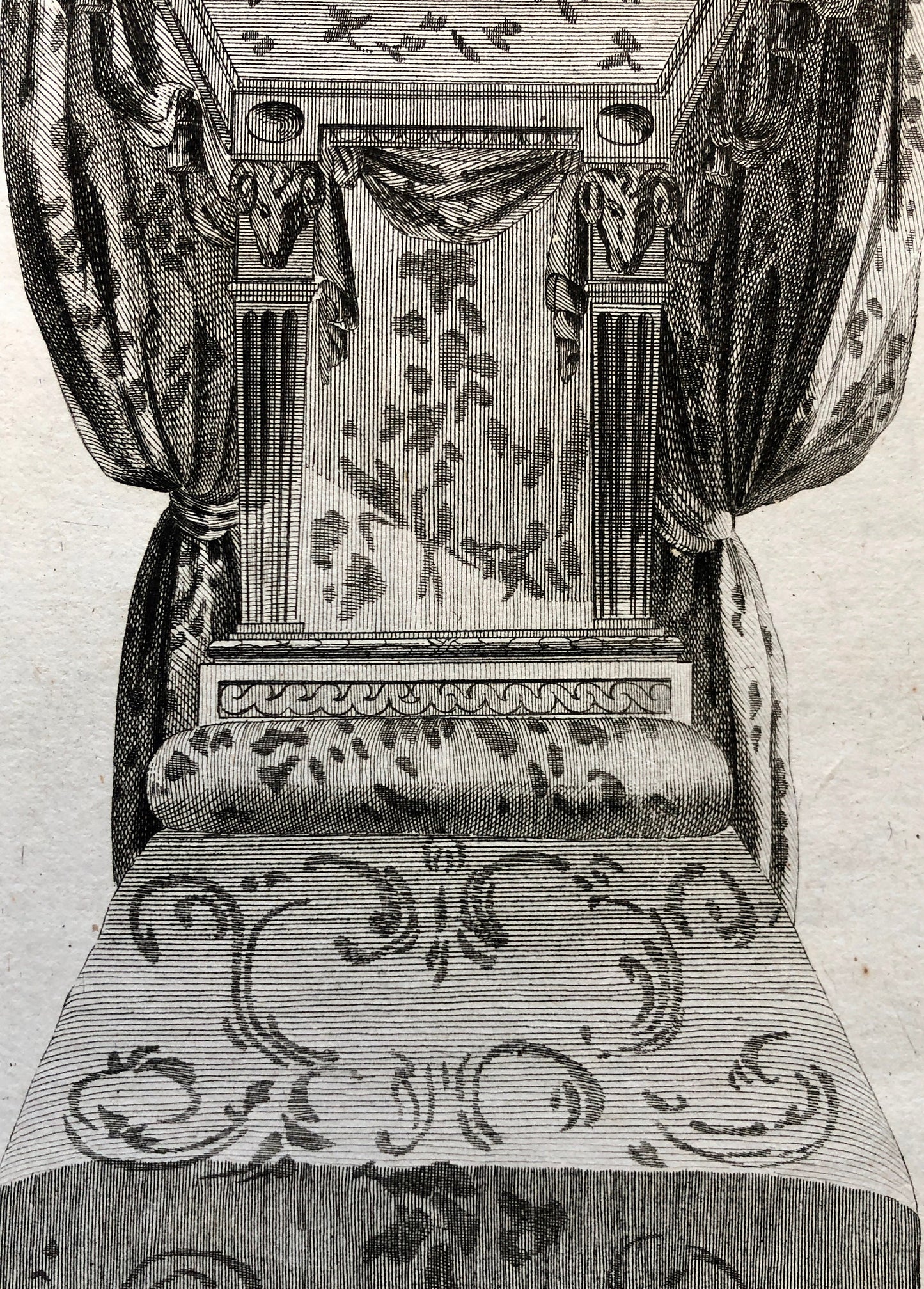 Lit à la Francaise. A Copper plate Etching From Ameublement by Jean de la Fosse. Circa 1771. Size: 46 x 31 cms.