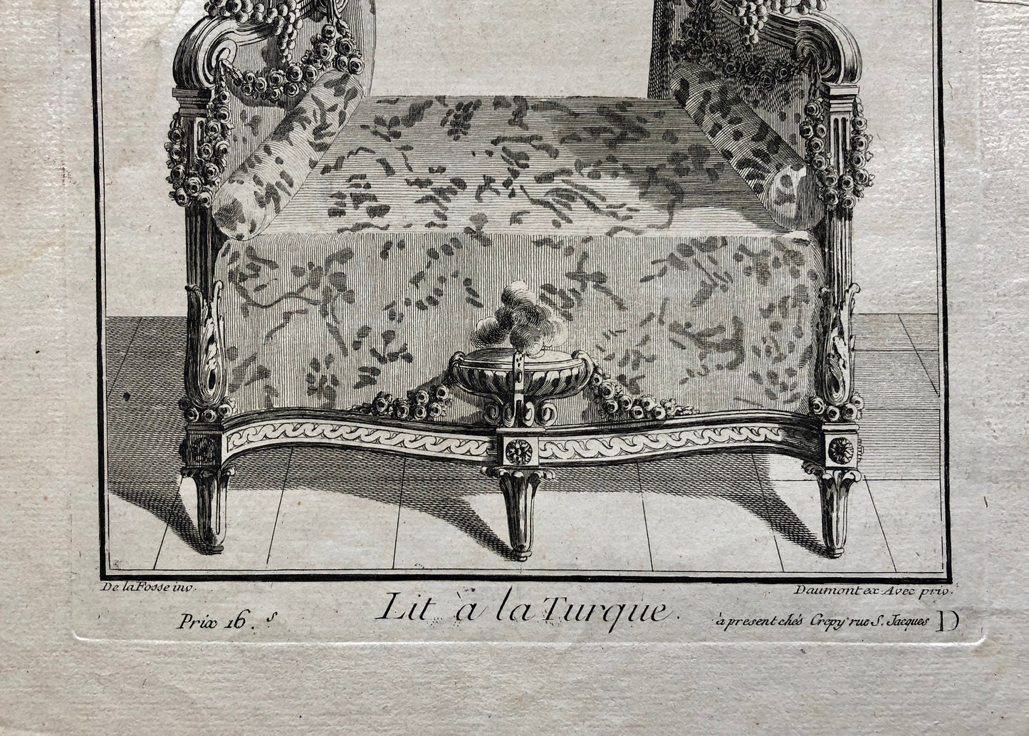 Lit à la Turque. A Copper plate Etching From Ameublement by Jean de la Fosse. Circa 1771. Size: 46 x 30.7 cms.