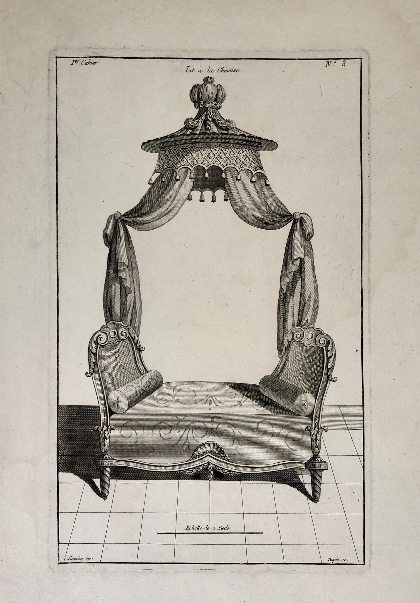 Lit à la Chinoise. A Copper Engraving From Livre de Meubles by Juste-Francois Boucher. Circa 1780. Size: 46 x 30.5cms