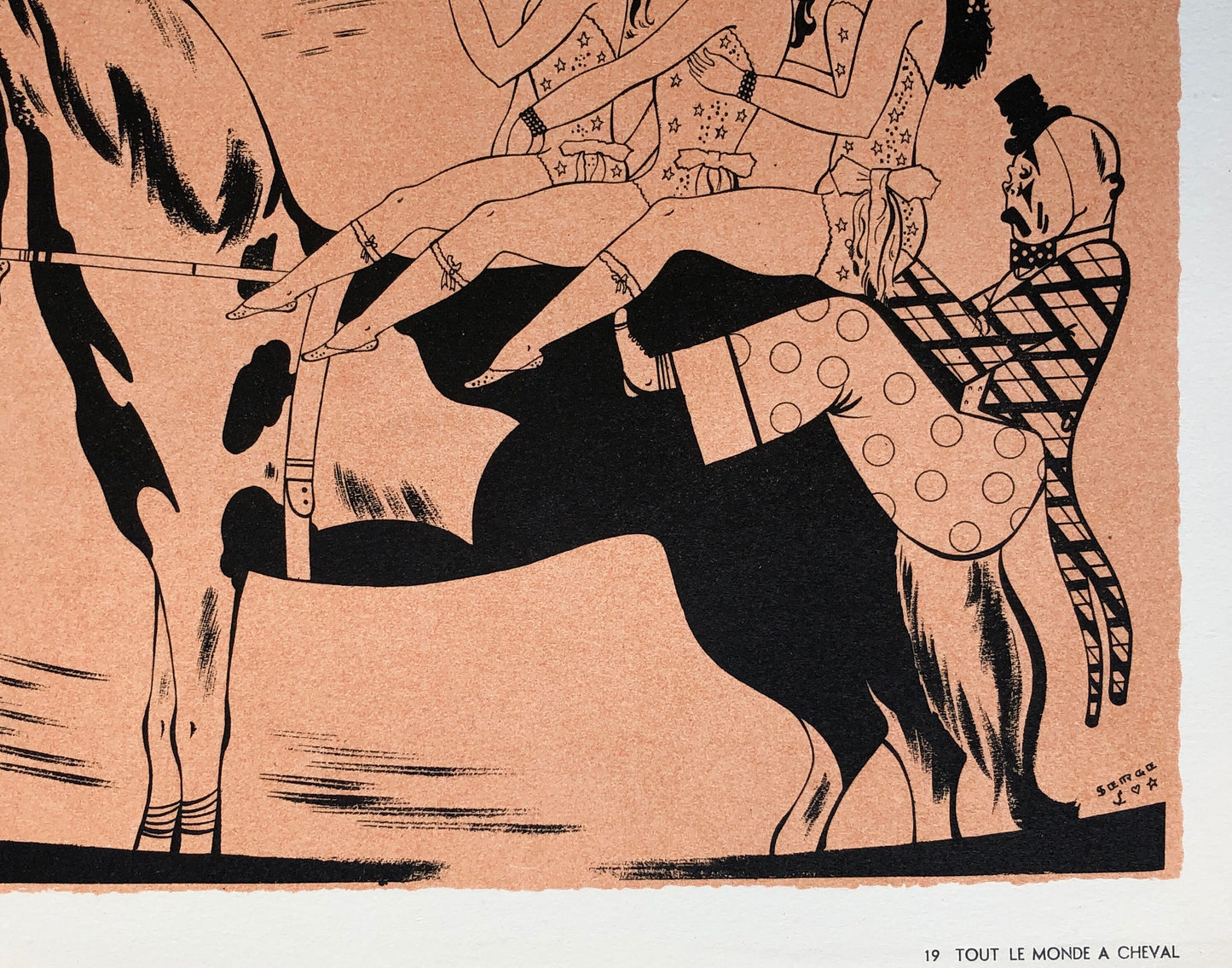 Tout Le Monde A Cheval. An Original Lithograph From Le Parorama Du Cirque by Serge. One of only 1000 produced in 1944. Size: 24 x 29.7 cms.