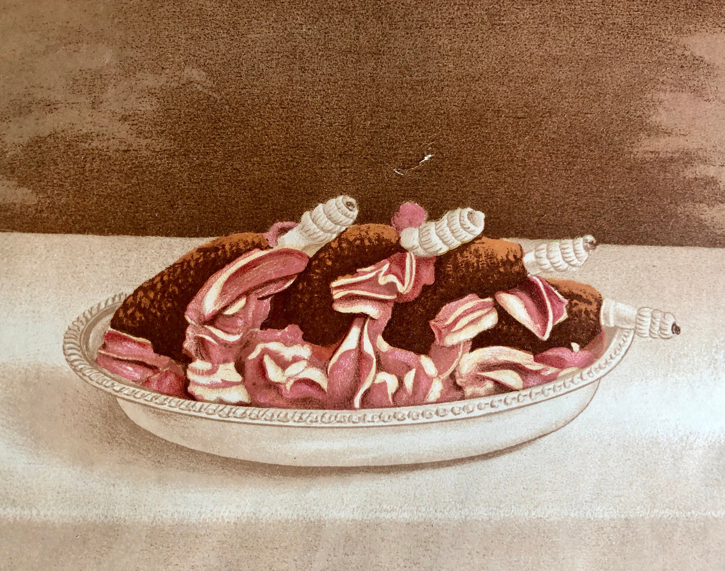 Three Plates of food From a Victorian Cookbook. Beautiful chromolithographs. Engraved by Thomas Kell in the 1880’s. Size: 17.5 x 25 cms.