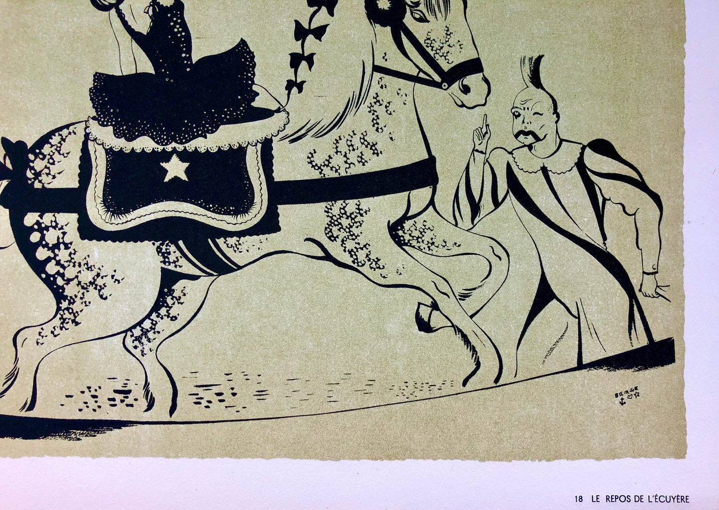 Le Repos De L’Ecuyére. An Original Lithograph from Panorama Du Cirque by Serge. One of only 1000 produced in 1944. Size: 23.8 x 29.7 cms.