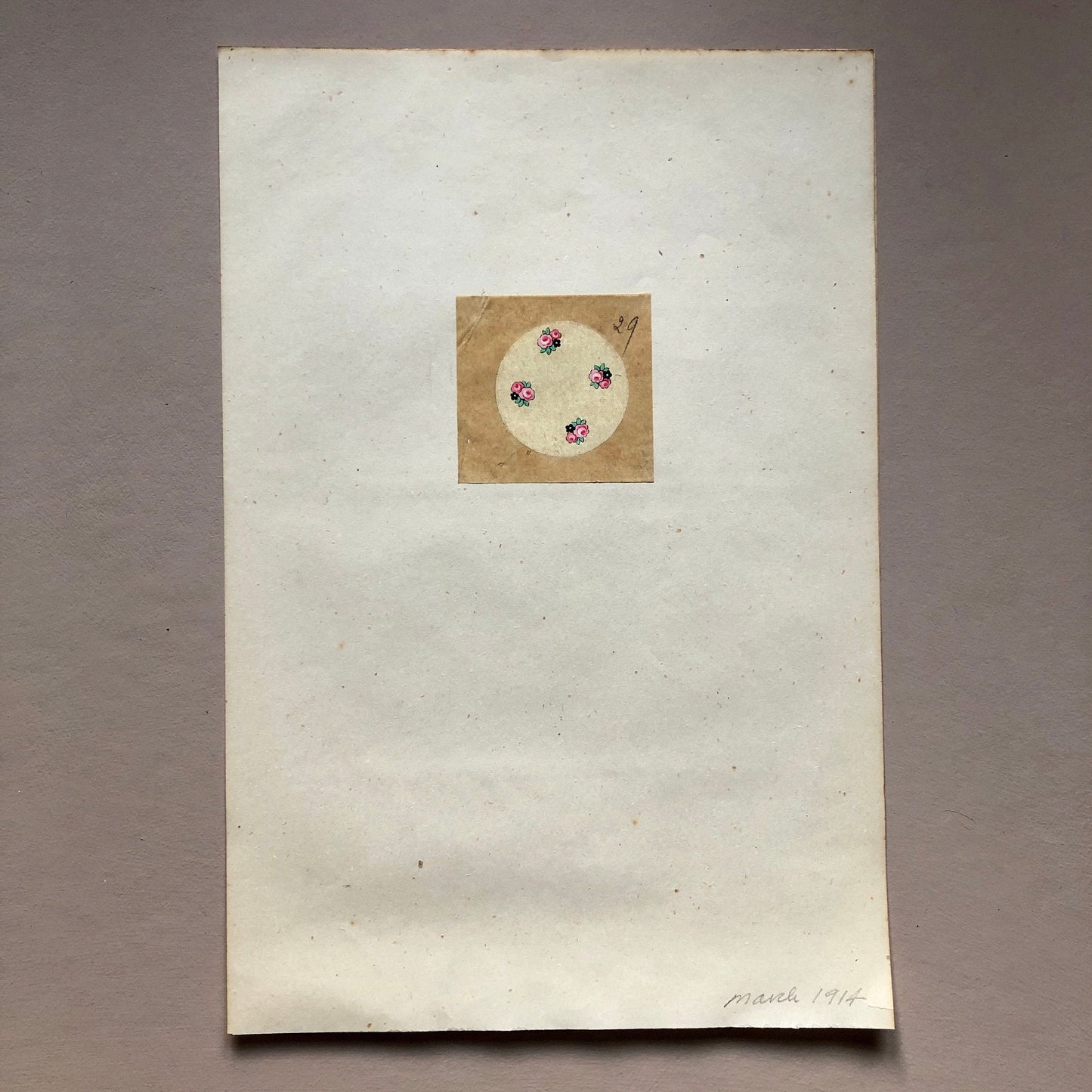 An Original Antique French Textile. Pink and Blue Flowers. Hand Painted. Produced in Lyon in the early 1900’s. Size: 5.8 x 6.1 cms.