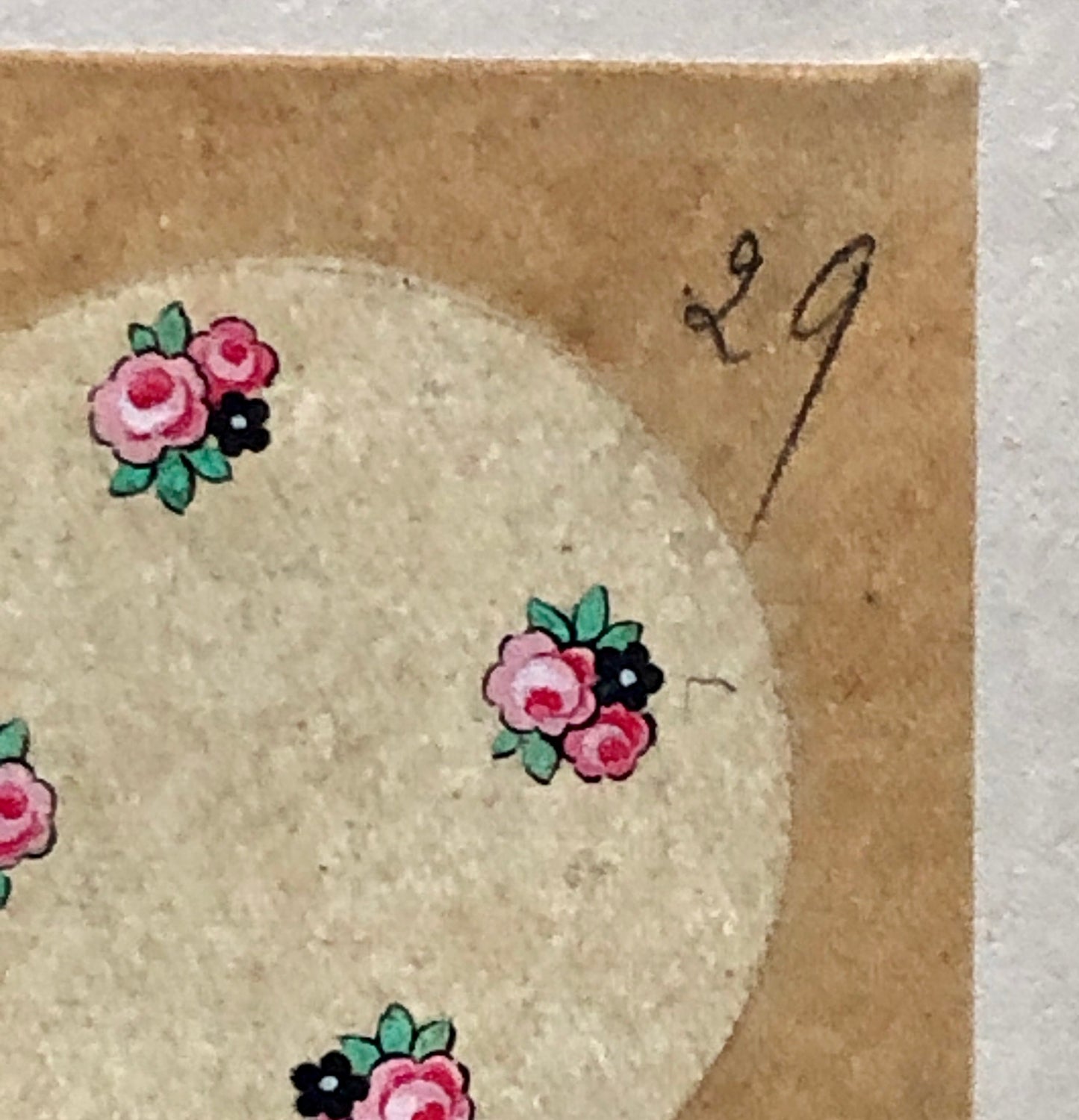 An Original Antique French Textile. Pink and Blue Flowers. Hand Painted. Produced in Lyon in the early 1900’s. Size: 5.8 x 6.1 cms.