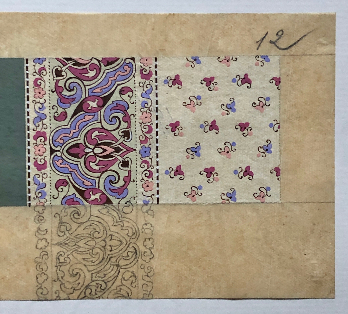 An Original Antique French Textile Design. Pink, Lilac and Green. Hand Painted. Produced in Lyon in the early 1900’s. Size: 8 x 14 cms.