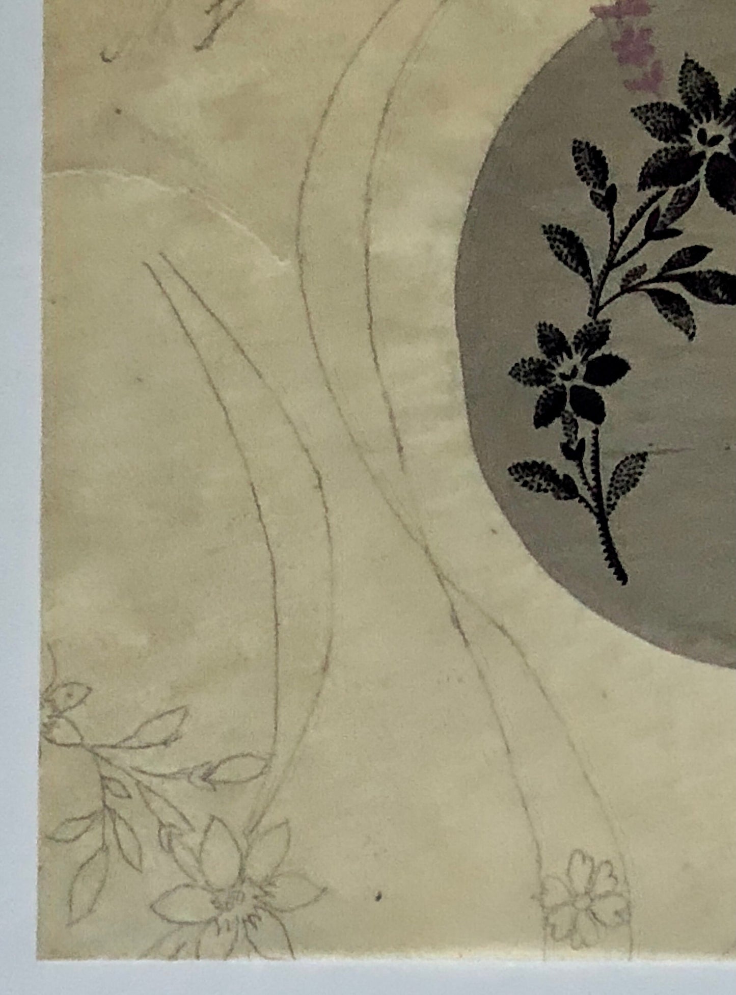 An Original Antique French Textile Design. Hand Drawn and Painted. Produced in Lyon in the early 1900’s. Size: 8.2 x 8 cms.