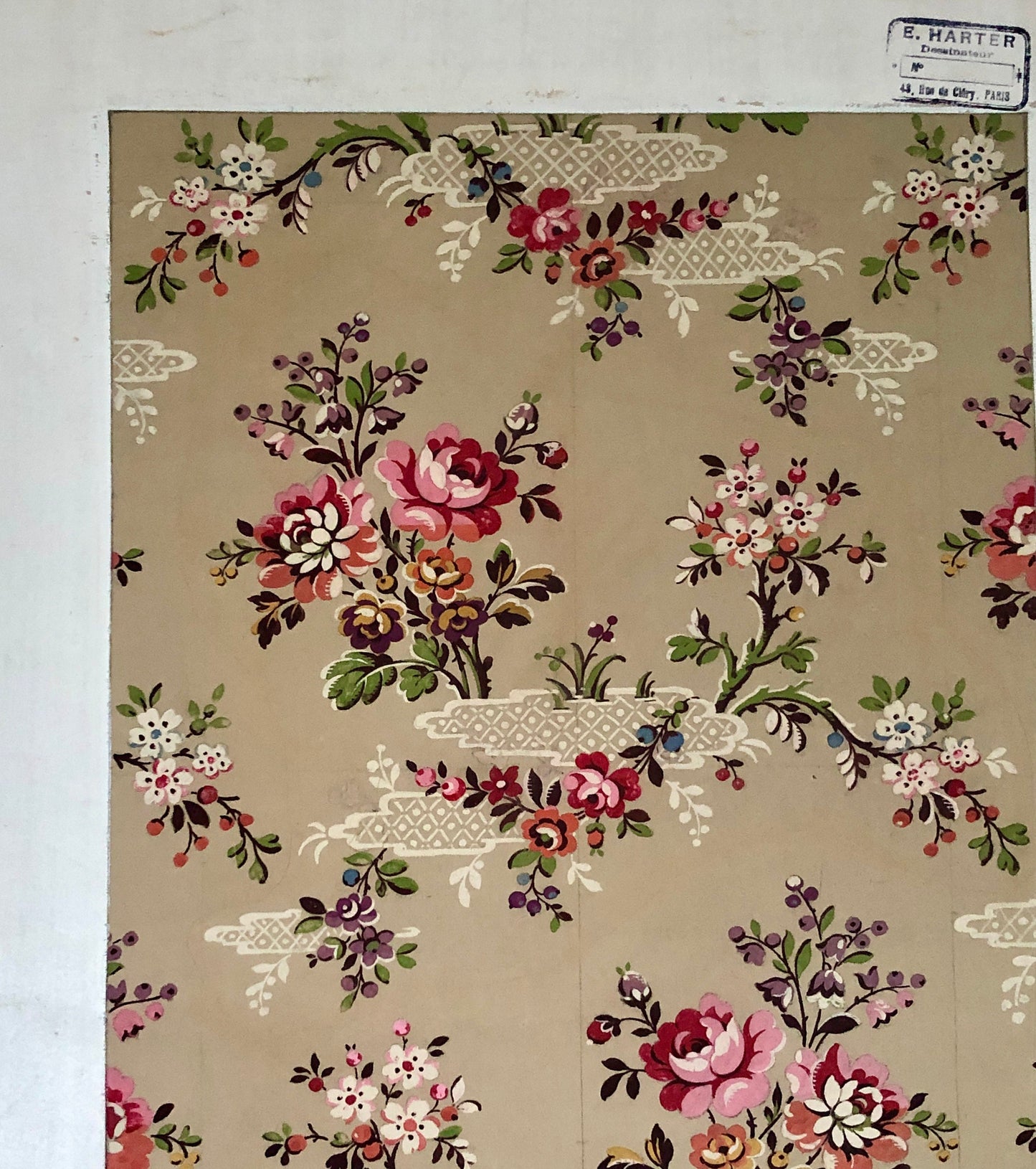 An Original Textile Design From Paris,France. Hand Drawn and Painted. Chinoiserie pattern. Pink roses. Late 19th Century. Size: 49 x 42 cms.