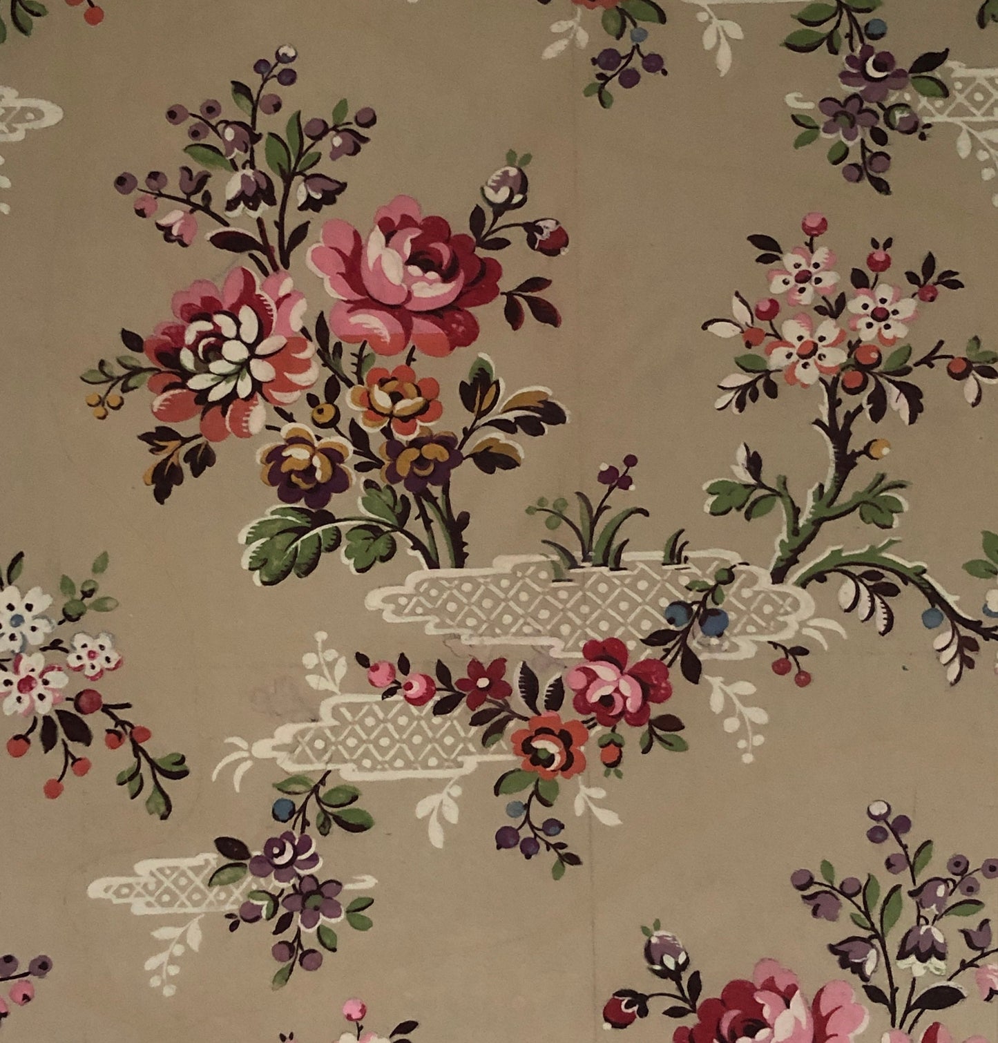 An Original Textile Design From Paris,France. Hand Drawn and Painted. Chinoiserie pattern. Pink roses. Late 19th Century. Size: 49 x 42 cms.