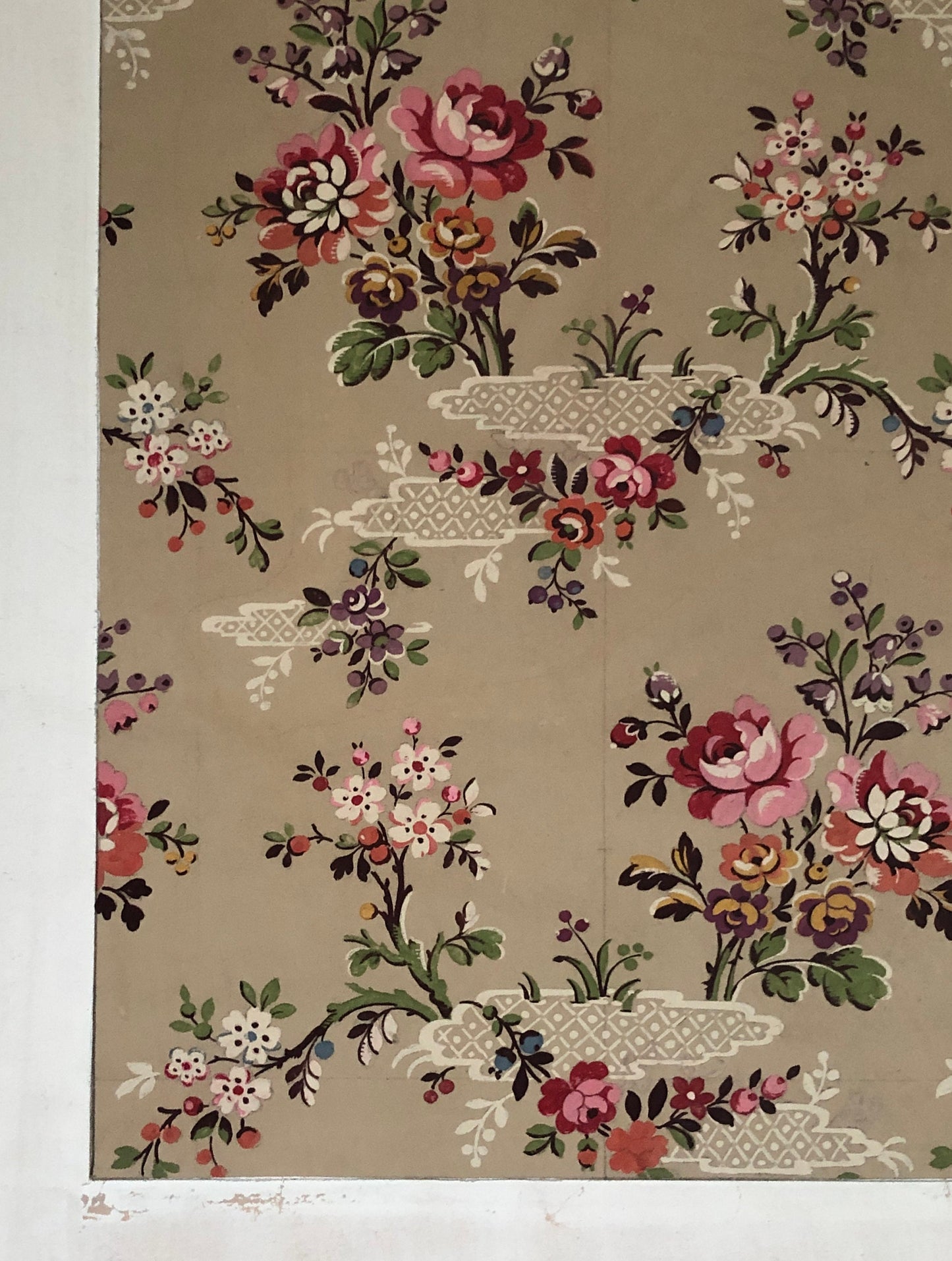 An Original Textile Design From Paris,France. Hand Drawn and Painted. Chinoiserie pattern. Pink roses. Late 19th Century. Size: 49 x 42 cms.
