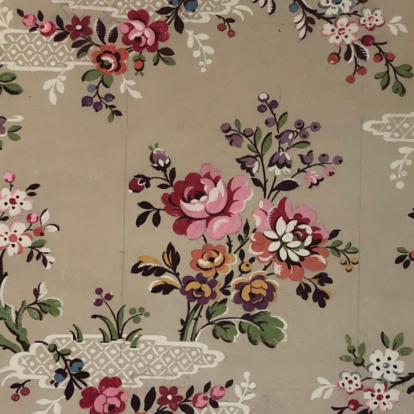 An Original Textile Design From Paris,France. Hand Drawn and Painted. Chinoiserie pattern. Pink roses. Late 19th Century. Size: 49 x 42 cms.