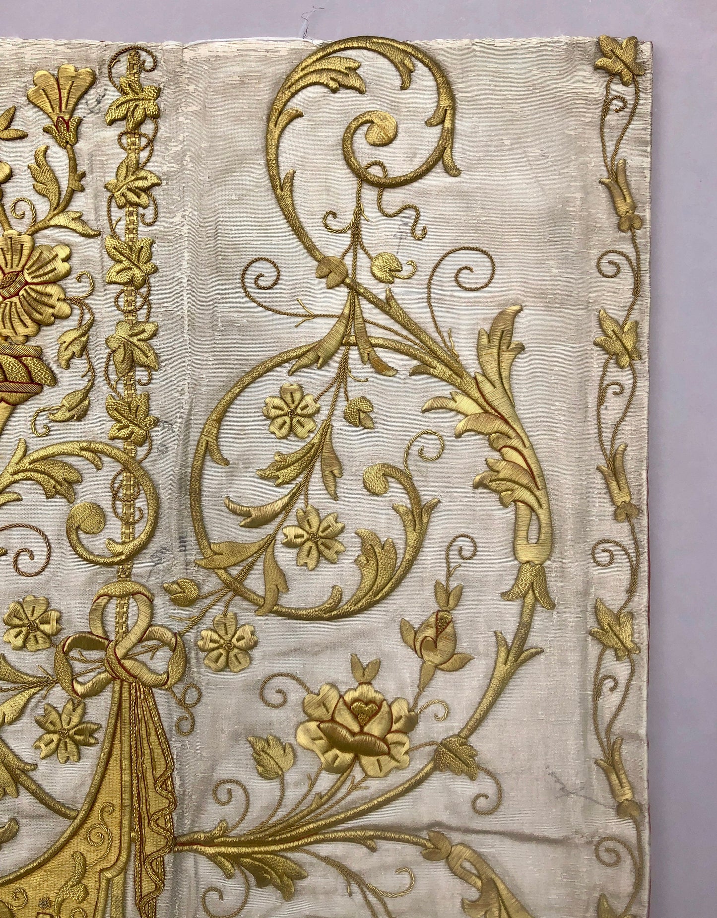 A Textile Sample From Lyon, France. Design For a Chasuble. Heavily Embroidered With Gold Thread. Late 19th Century. 58x 47.5 cms.