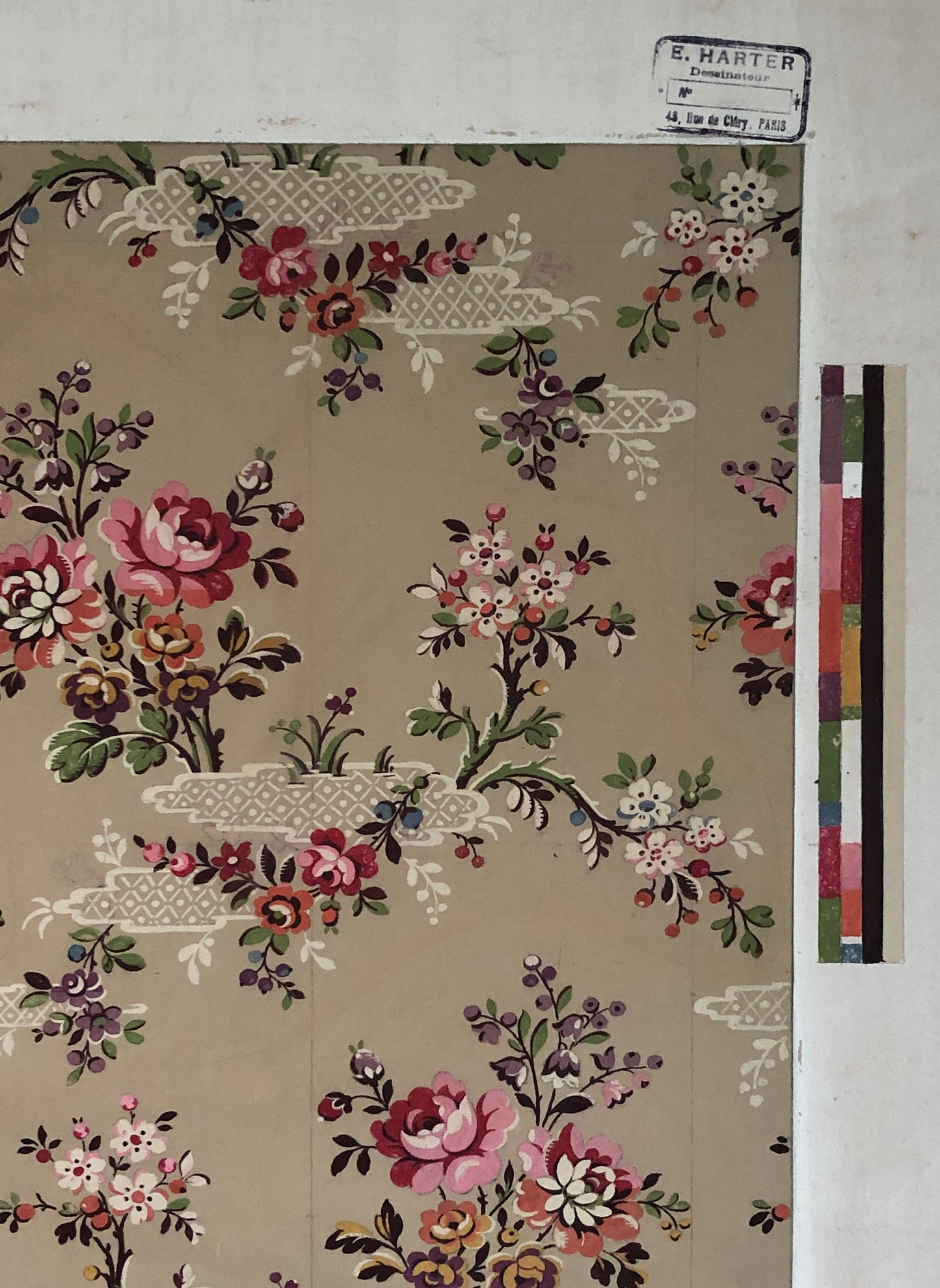 An Original Textile Design From Paris,France. Hand Drawn and Painted. Chinoiserie pattern. Pink roses. Late 19th Century. Size: 49 x 42 cms.