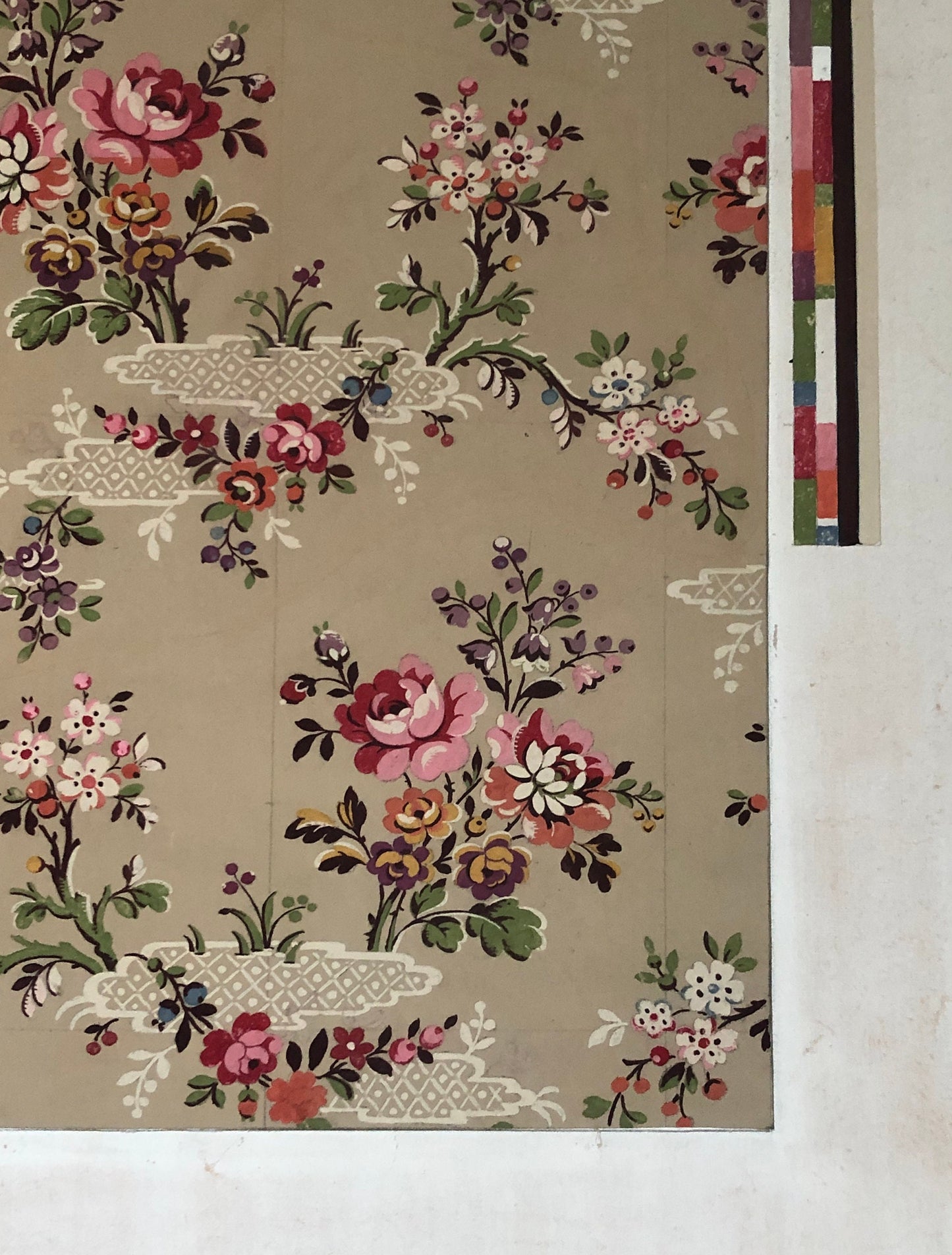An Original Textile Design From Paris,France. Hand Drawn and Painted. Chinoiserie pattern. Pink roses. Late 19th Century. Size: 49 x 42 cms.