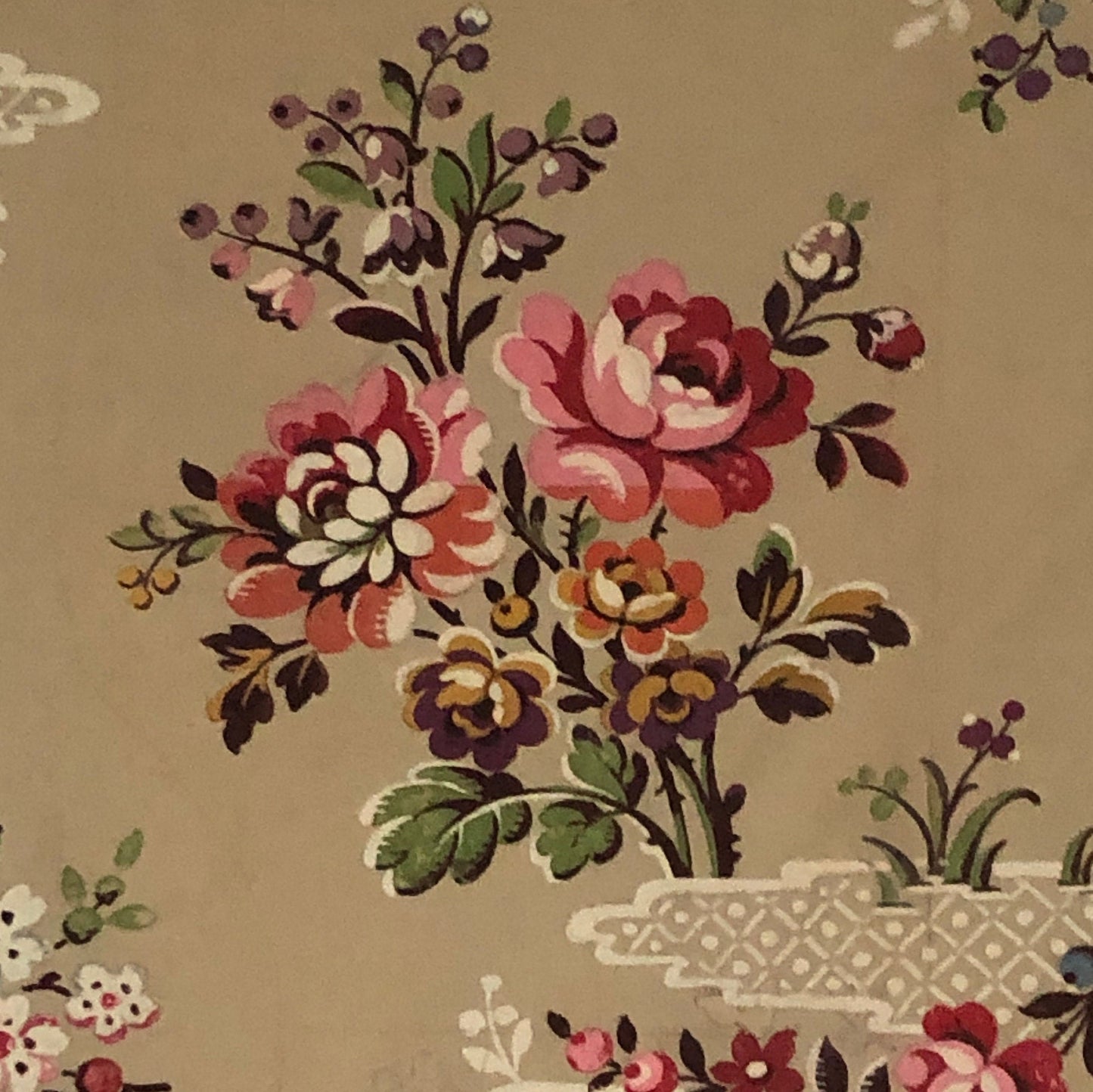 An Original Textile Design From Paris,France. Hand Drawn and Painted. Chinoiserie pattern. Pink roses. Late 19th Century. Size: 49 x 42 cms.