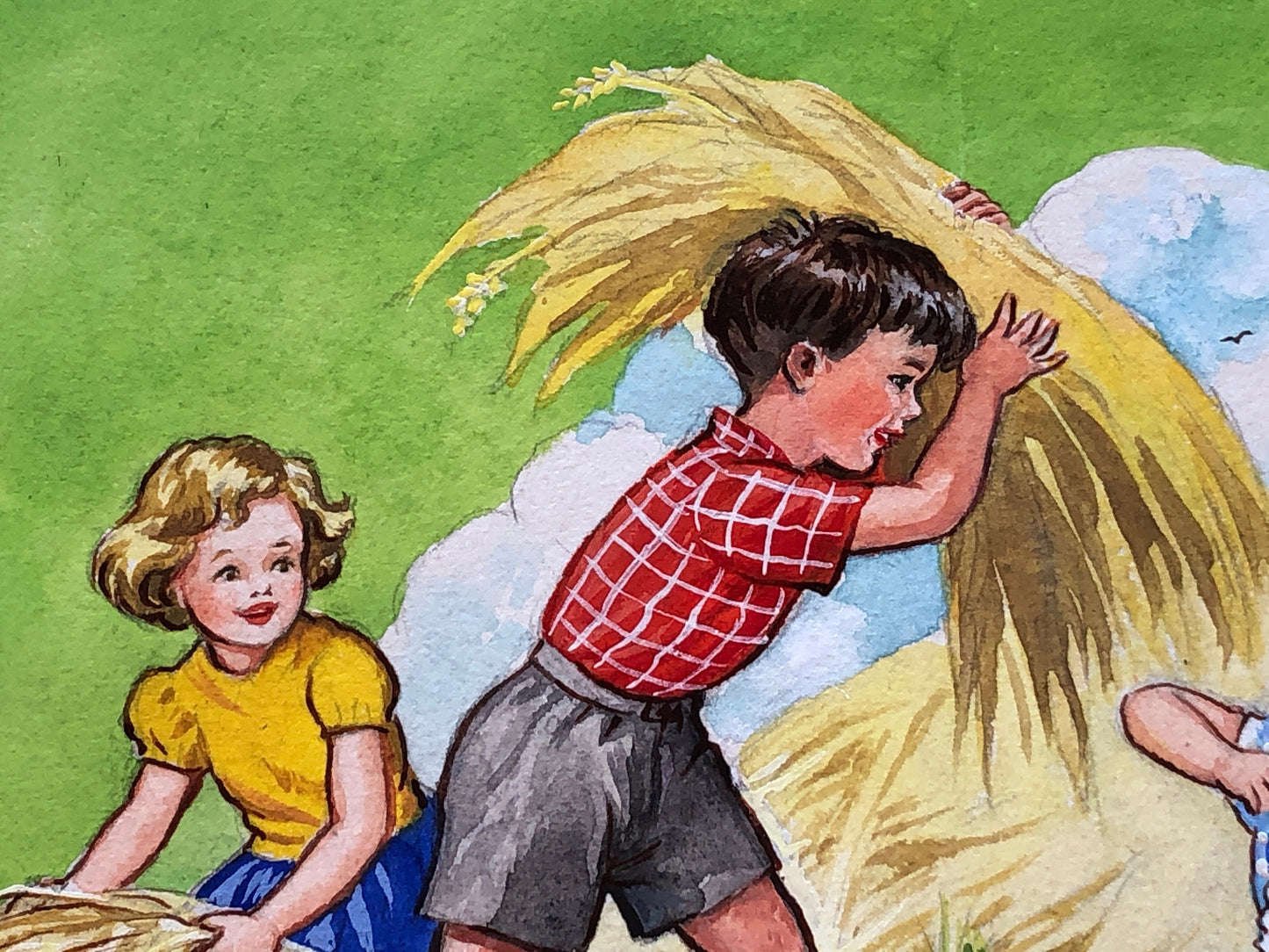 An Original Illustration From The 1950’s. Children Playing in a Haystack. Watercolour and Gouche. Size: 18.3 x 28.8 cms.