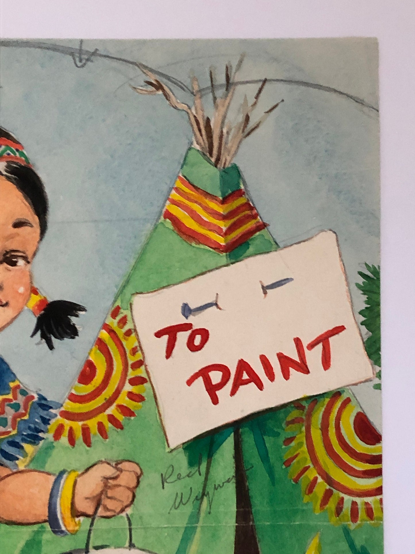 An Original Illustration From The 1950’s. Girl Dressed a A Native American. Watercolour. Size: 30.5 x 23.2 cms.
