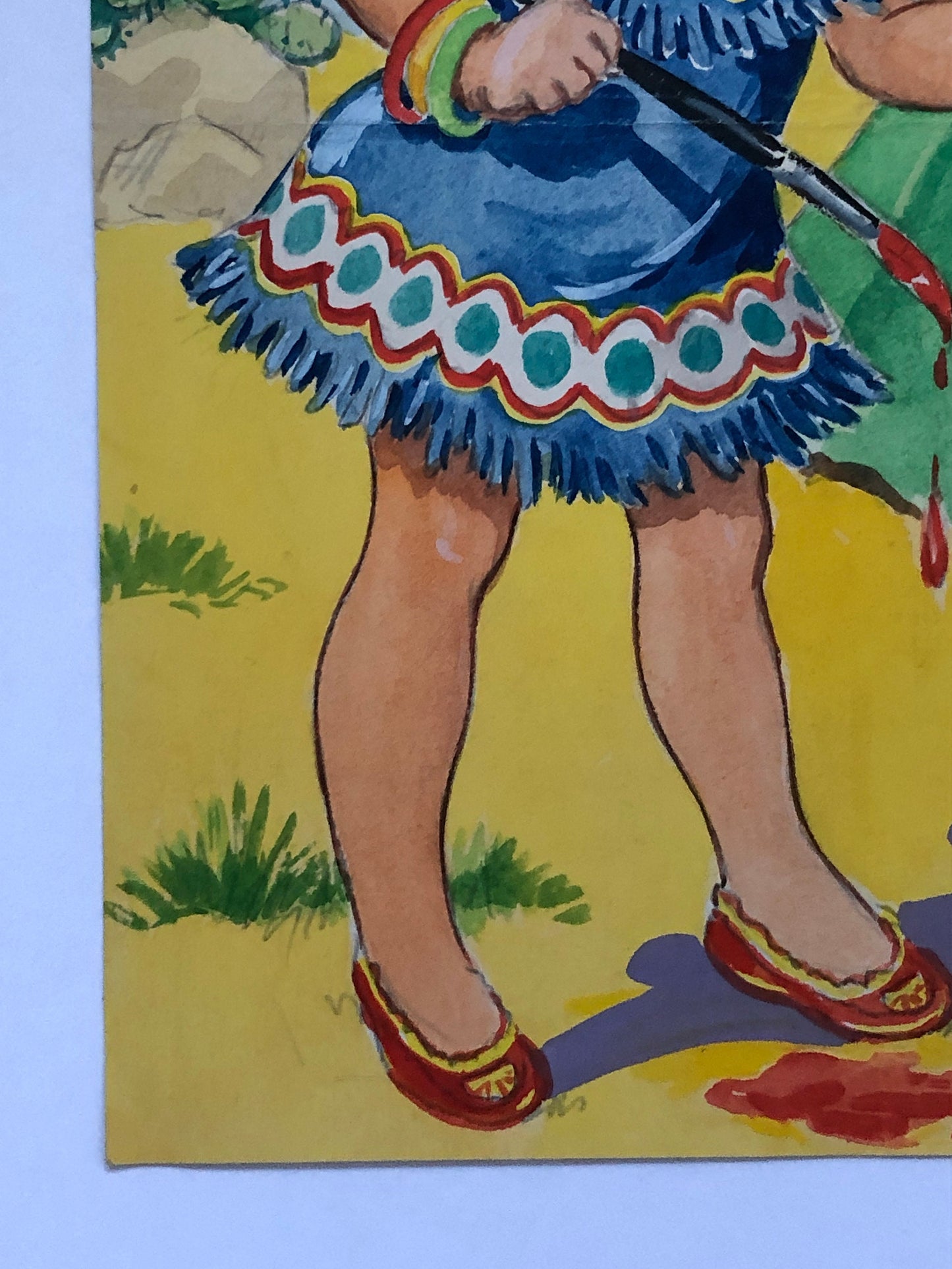An Original Illustration From The 1950’s. Girl Dressed a A Native American. Watercolour. Size: 30.5 x 23.2 cms.
