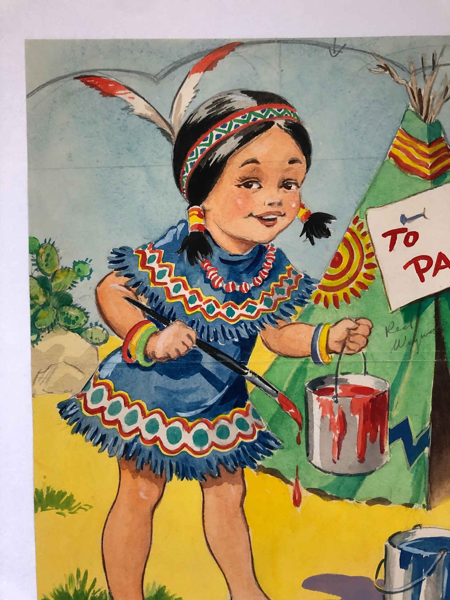 An Original Illustration From The 1950’s. Girl Dressed a A Native American. Watercolour. Size: 30.5 x 23.2 cms.