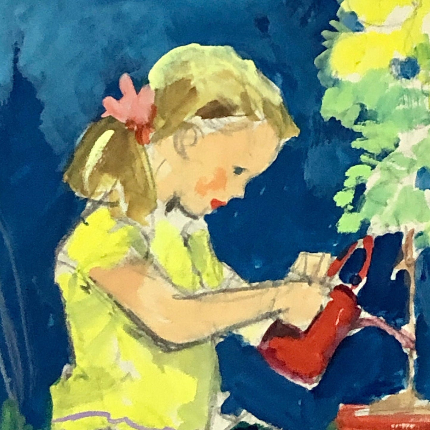 An Original Illustration From The 1950’s. Girl Watering Plant. Watercolour. Size: 23 x 18.5 cms.