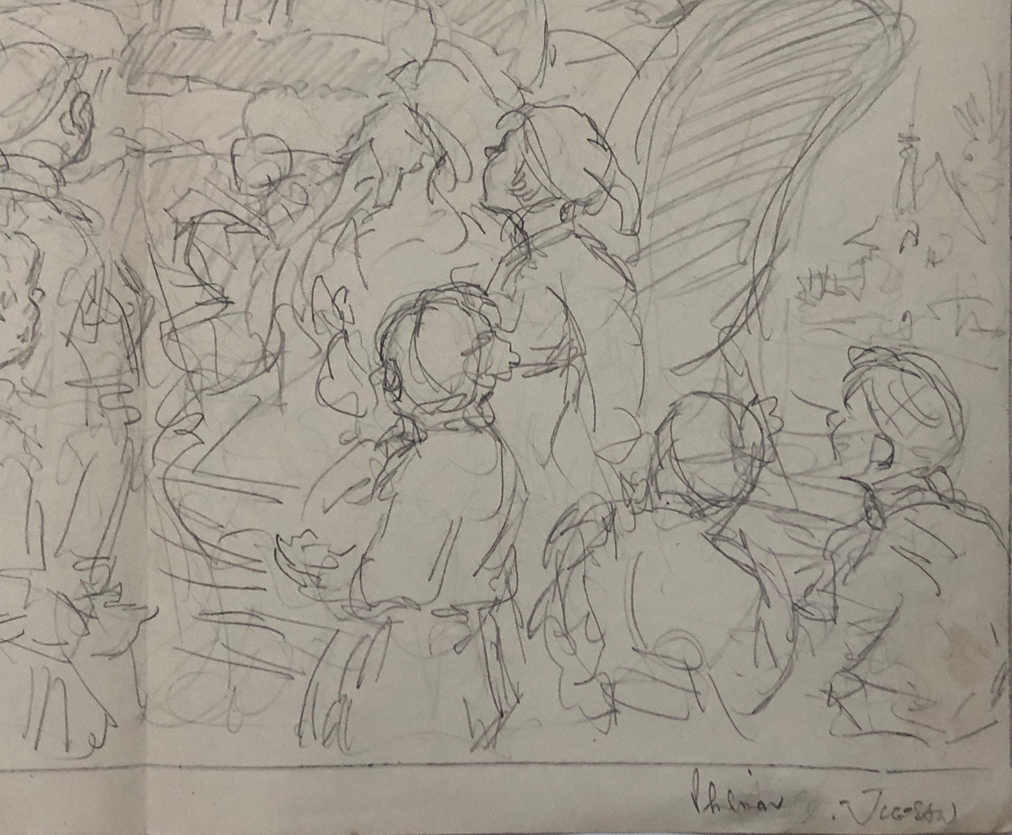 An Original Illustration From The 1950’s. Pencil Drawing. Children Visiting Santa Claus. Size: 27.8 x 38 cms.