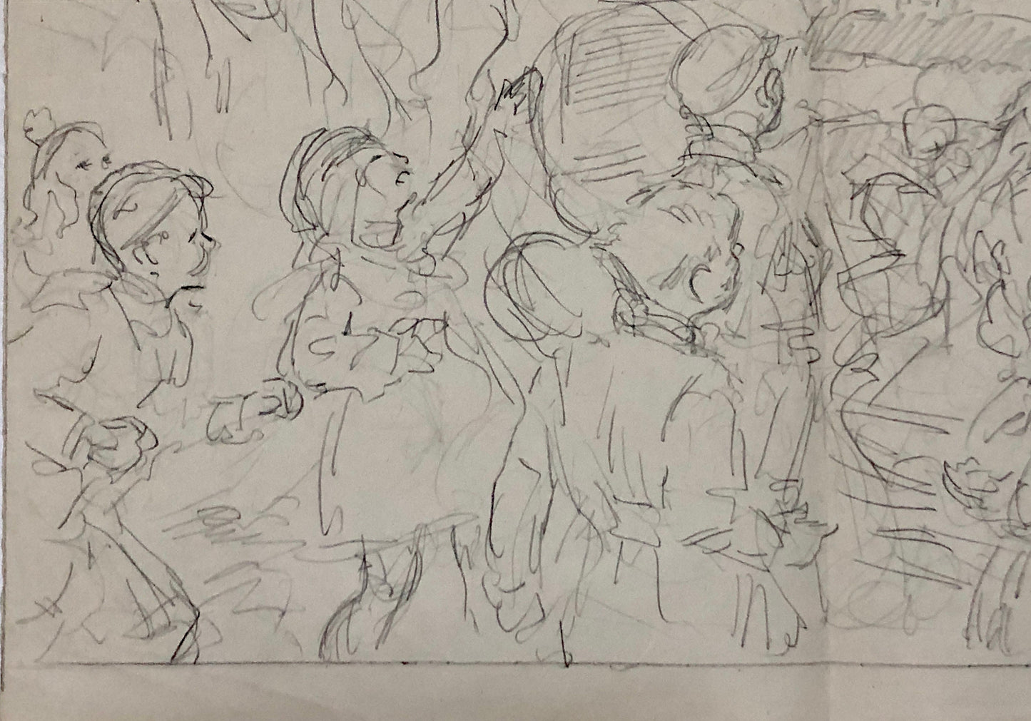 An Original Illustration From The 1950’s. Pencil Drawing. Children Visiting Santa Claus. Size: 27.8 x 38 cms.