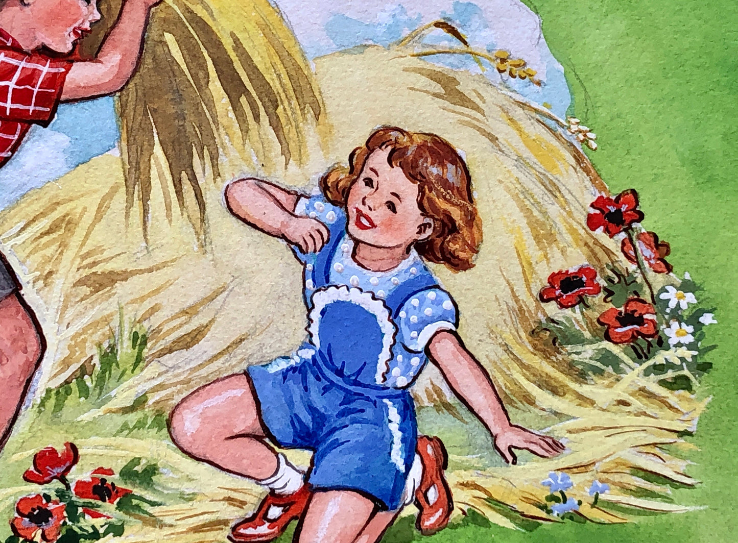 An Original Illustration From The 1950’s. Children Playing in a Haystack. Watercolour and Gouche. Size: 18.3 x 28.8 cms.