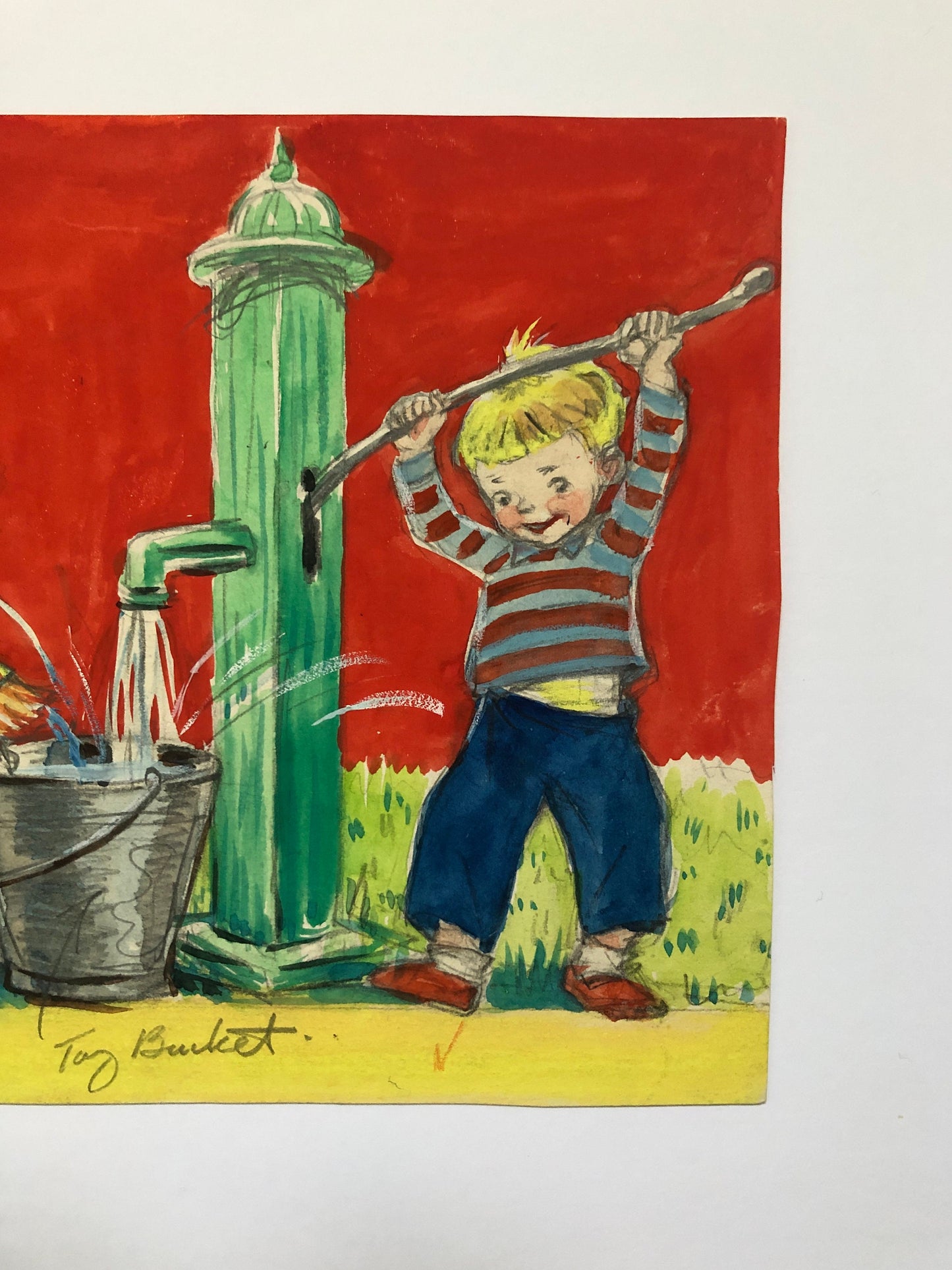 An Original Illustration From The 1950’s. Children Filling a Bucket. Watercolour and Gouche. Size: 18 x 24.3 cms.