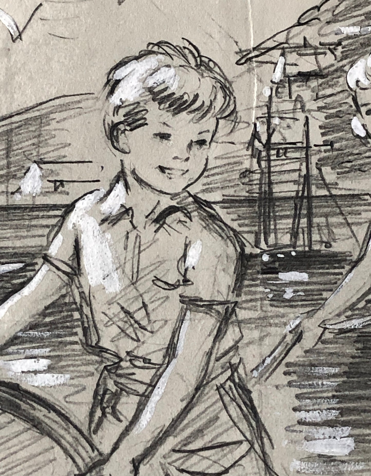 An Original Illustration From The 1950’s. Children Playing by The Sea. Pencil Drawing With Painted Highlights. Size: 26.5 x 20 cms.