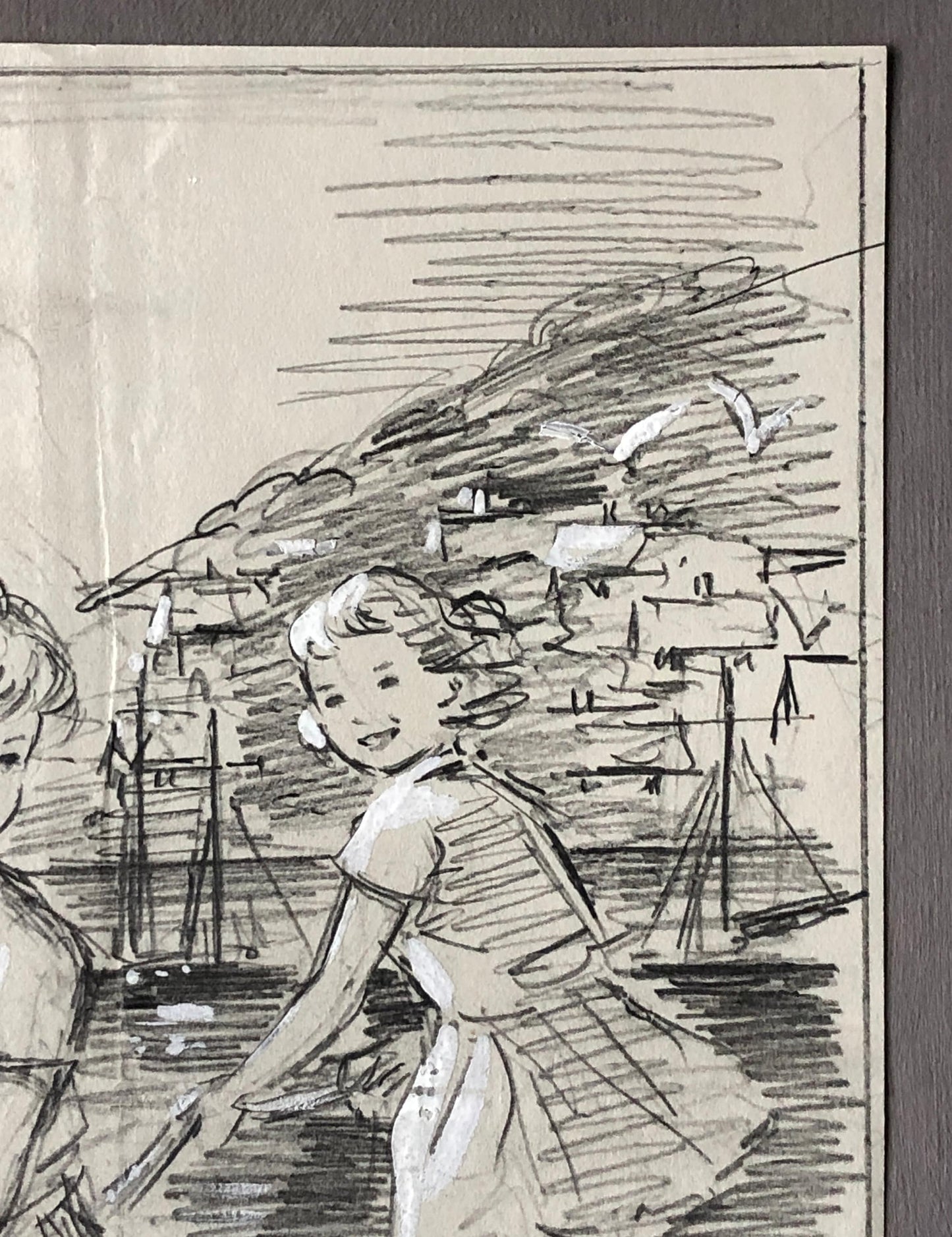 An Original Illustration From The 1950’s. Children Playing by The Sea. Pencil Drawing With Painted Highlights. Size: 26.5 x 20 cms.