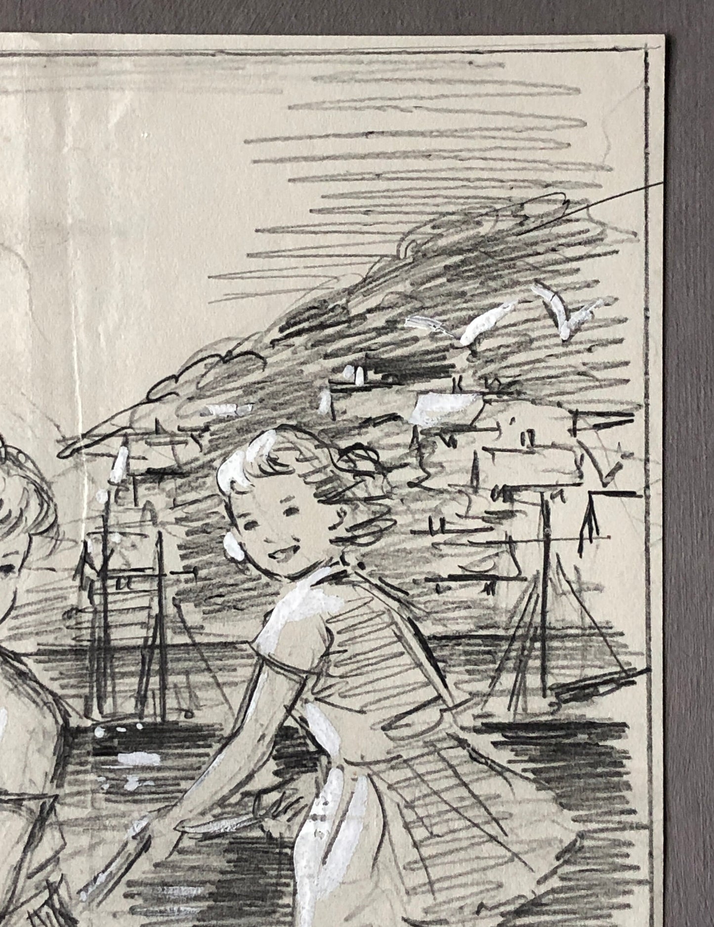 An Original Illustration From The 1950’s. Children Playing by The Sea. Pencil Drawing With Painted Highlights. Size: 26.5 x 20 cms.