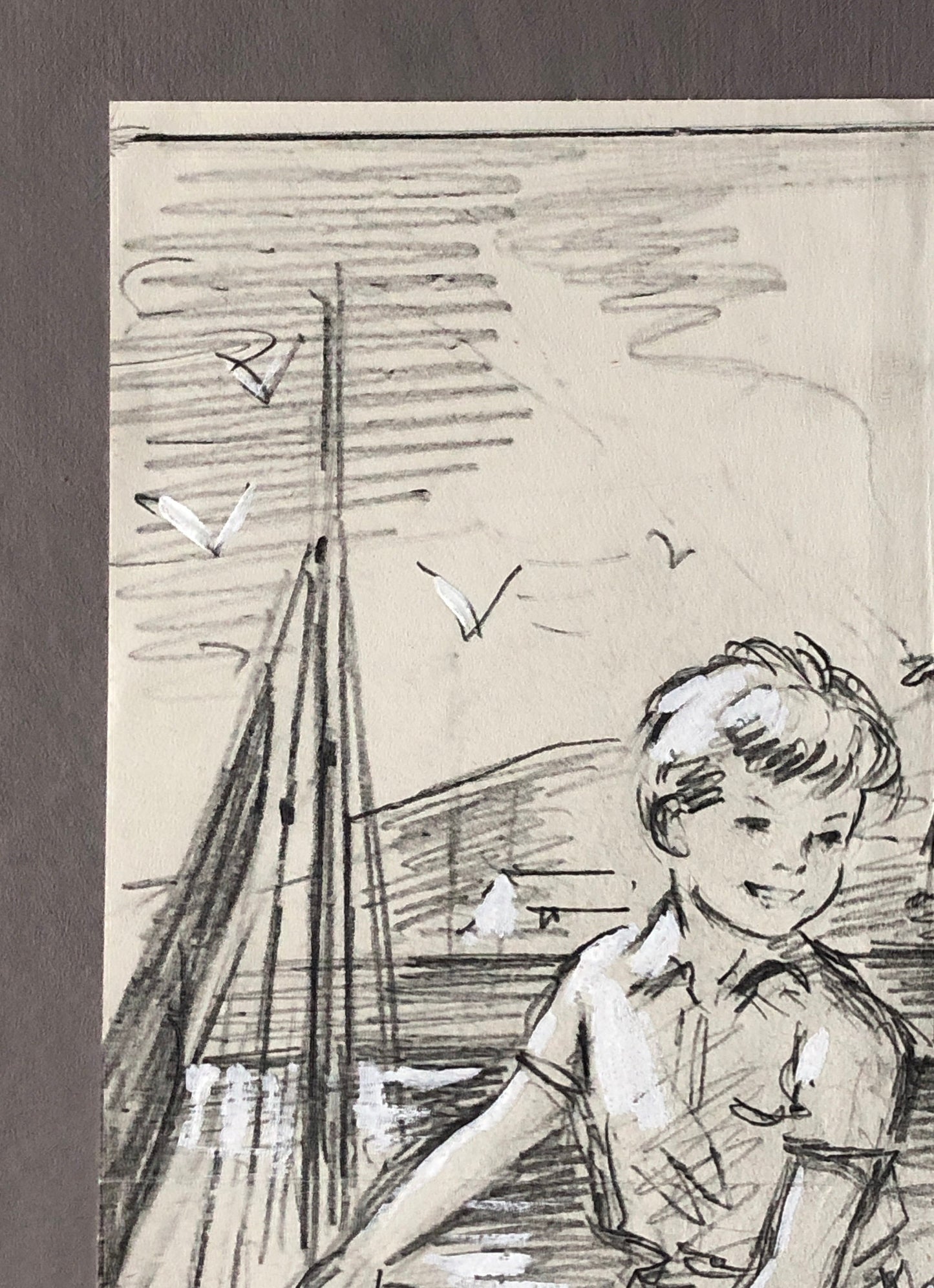 An Original Illustration From The 1950’s. Children Playing by The Sea. Pencil Drawing With Painted Highlights. Size: 26.5 x 20 cms.